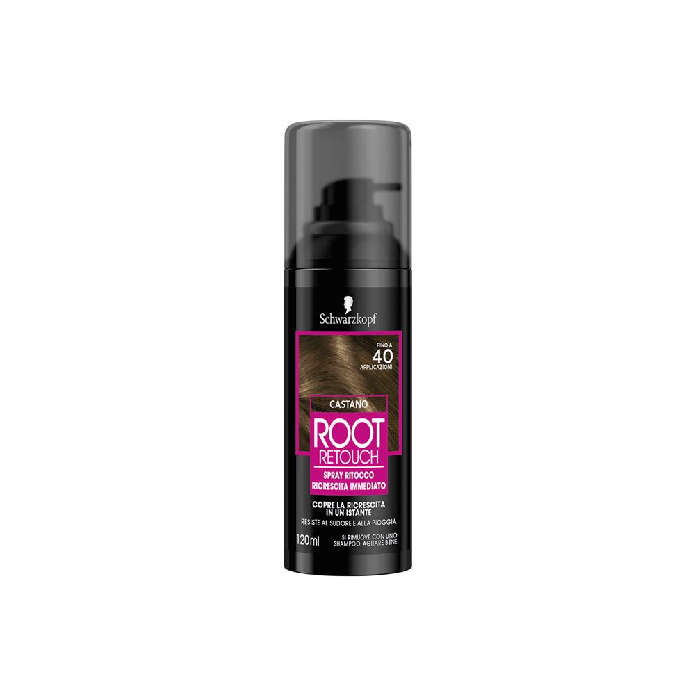 Schwarzkopf Ritocco Ricrescita Spray Castano. Flacone spray nero con testo e tonalità marrone. 120ml.