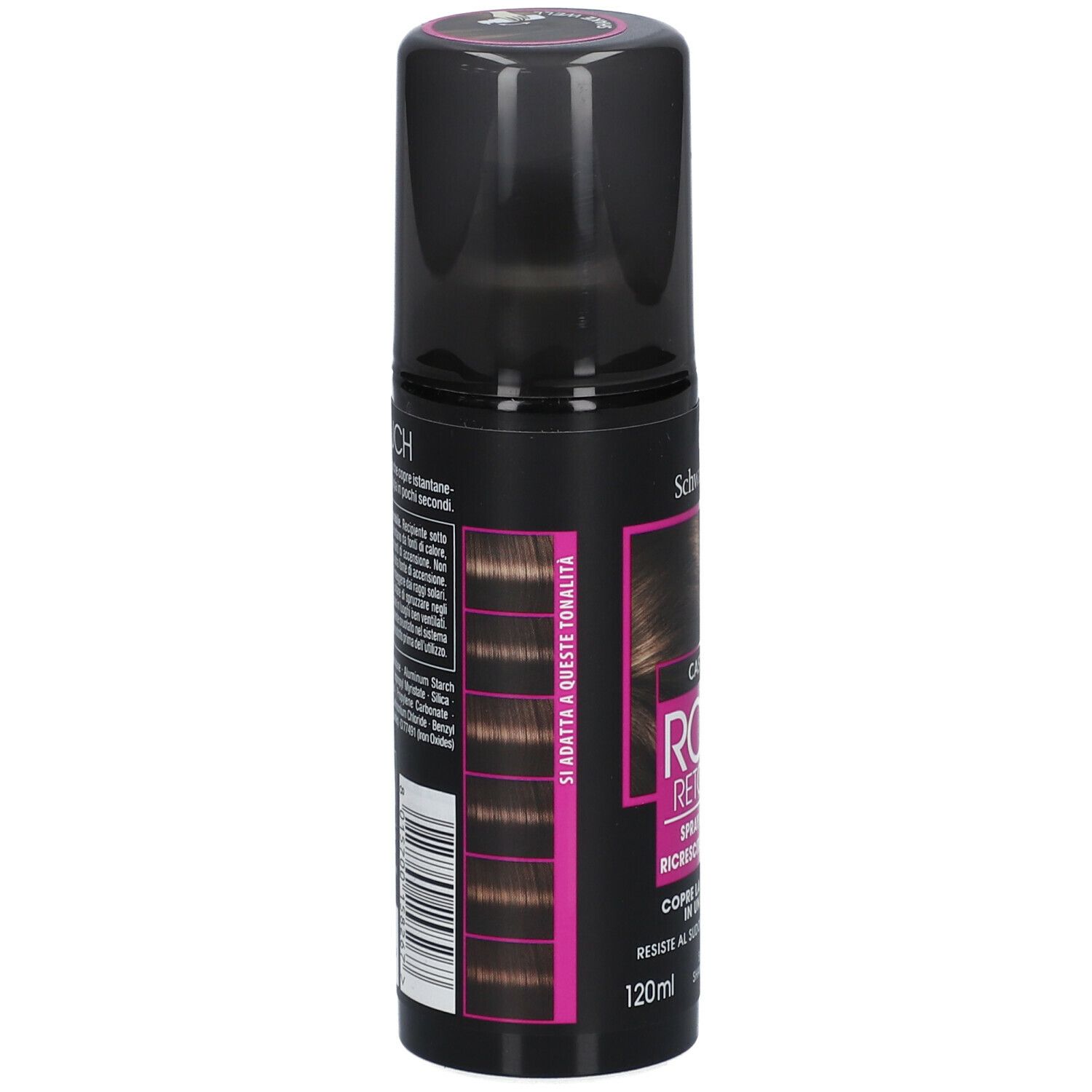 Schwarzkopf Ritocco Ricrescita Spray Castano. Flacone spray nero. Testo Castano, Root Retouch. 120ml.