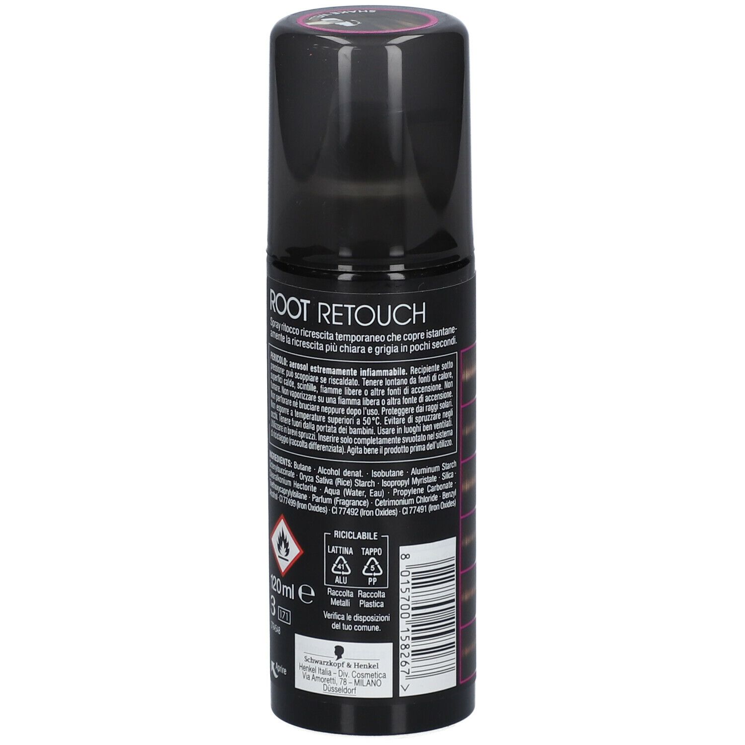 Schwarzkopf Ritocco Ricrescita Spray Castano. Flacone spray nero. Testo e ingredienti. 120ml.