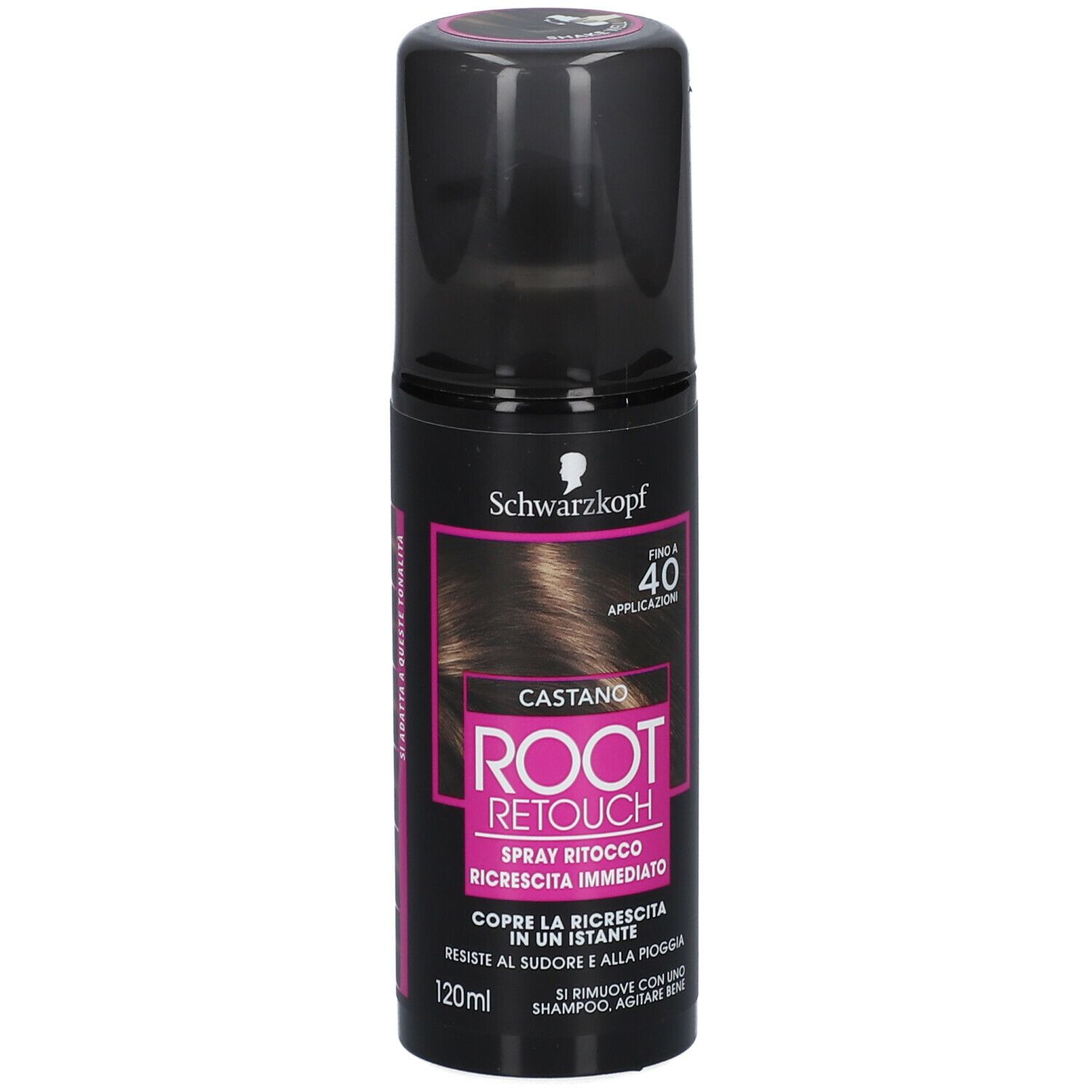 Schwarzkopf Ritocco Ricrescita Spray Castano. Flacone spray nero. Testo Castano, Root Retouch. 120ml.
