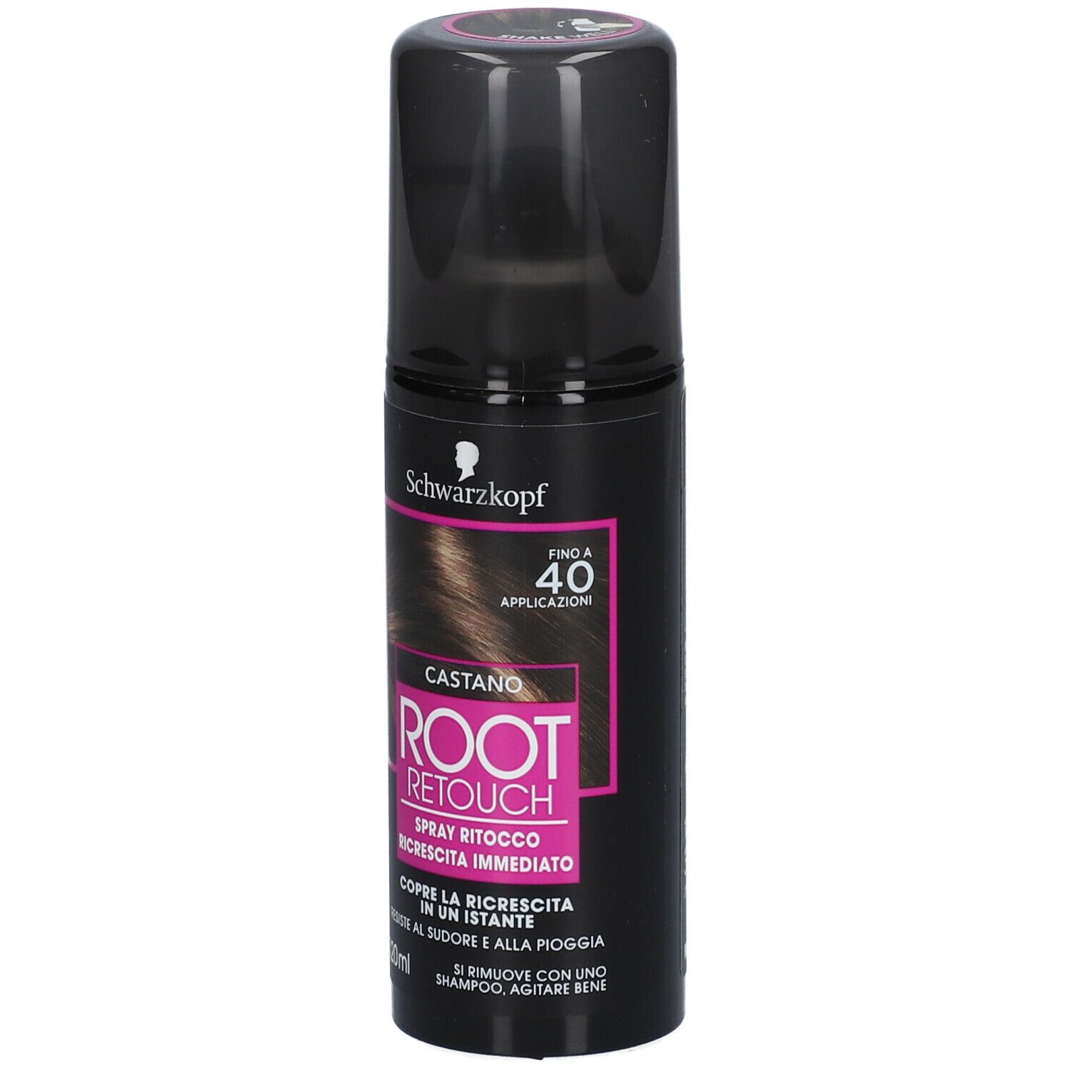 Schwarzkopf Ritocco Ricrescita Spray Castano. Flacone spray nero. Testo Castano, Root Retouch. 120ml.