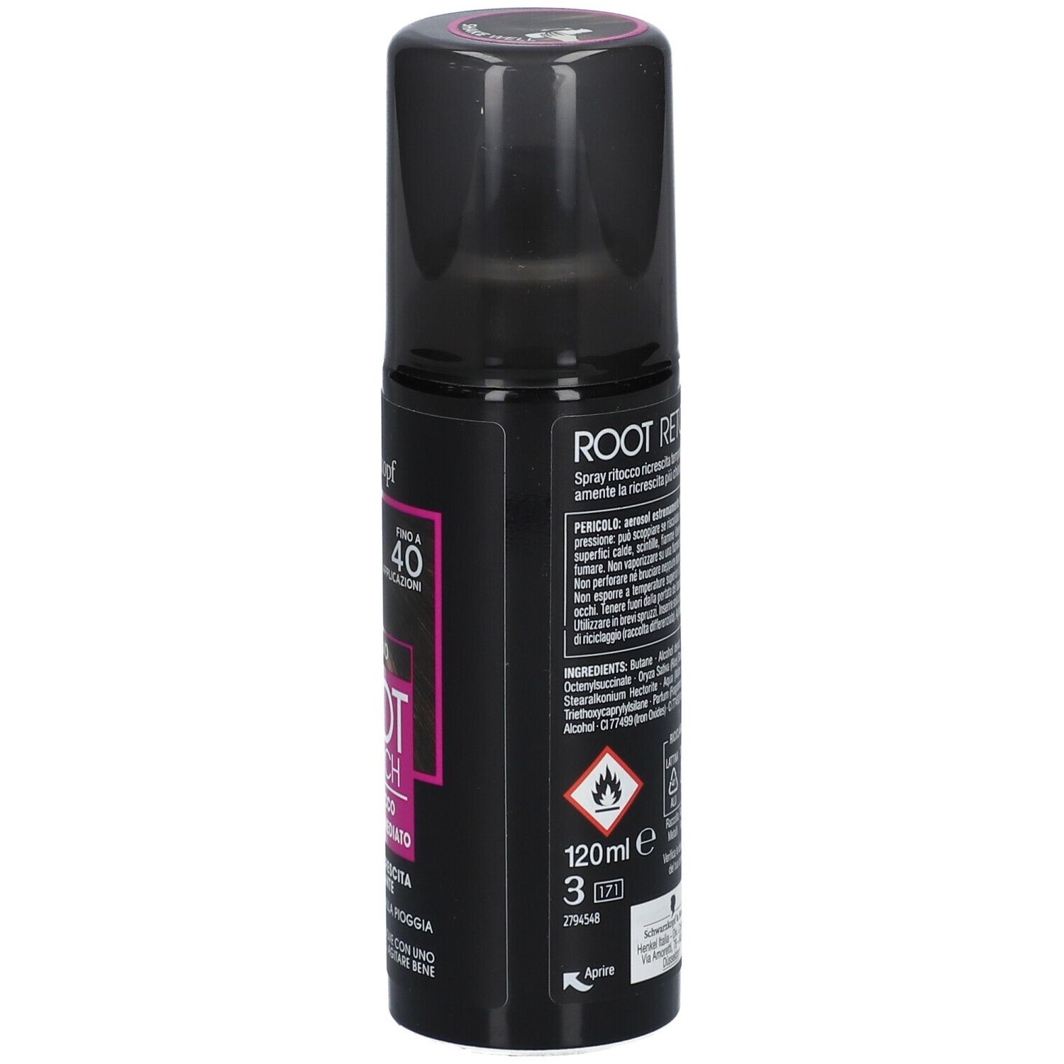 Schwarzkopf Ritocco Ricrescita Spray Castano. Flacone spray nero. Testo Root Retouch. 120ml.