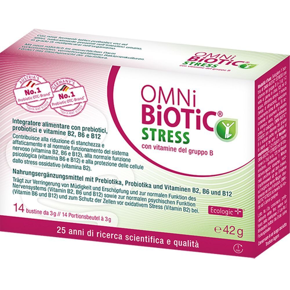 Scatola Omni Biotic Stress, 14 bustine. Contiene vitamina B. Stampa: Austria's No.1 Probiotic OTC Brand.