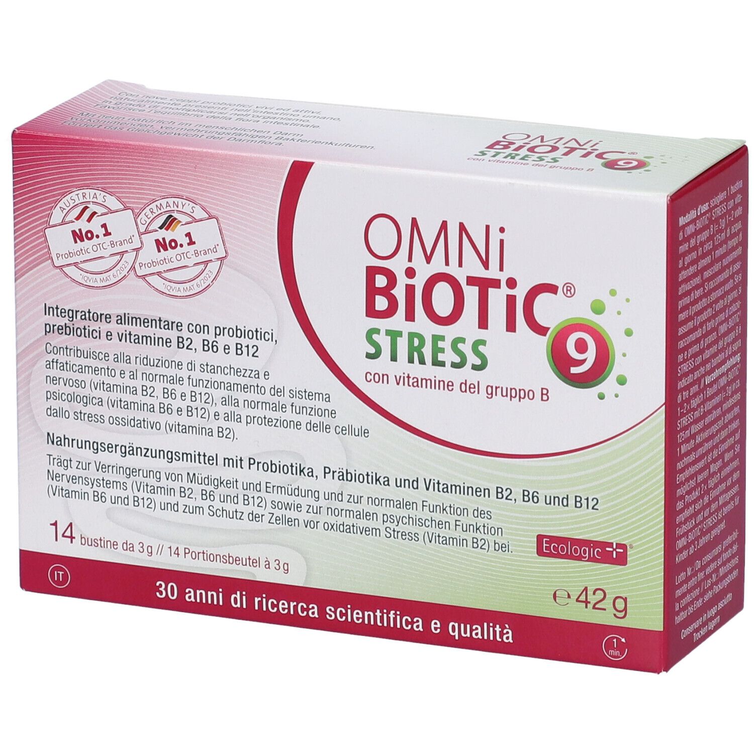 Scatola Omni Biotic Stress 9, 42g, 14 bustine. Contiene vitamina B. Stampa: 30 anni di ricerca.