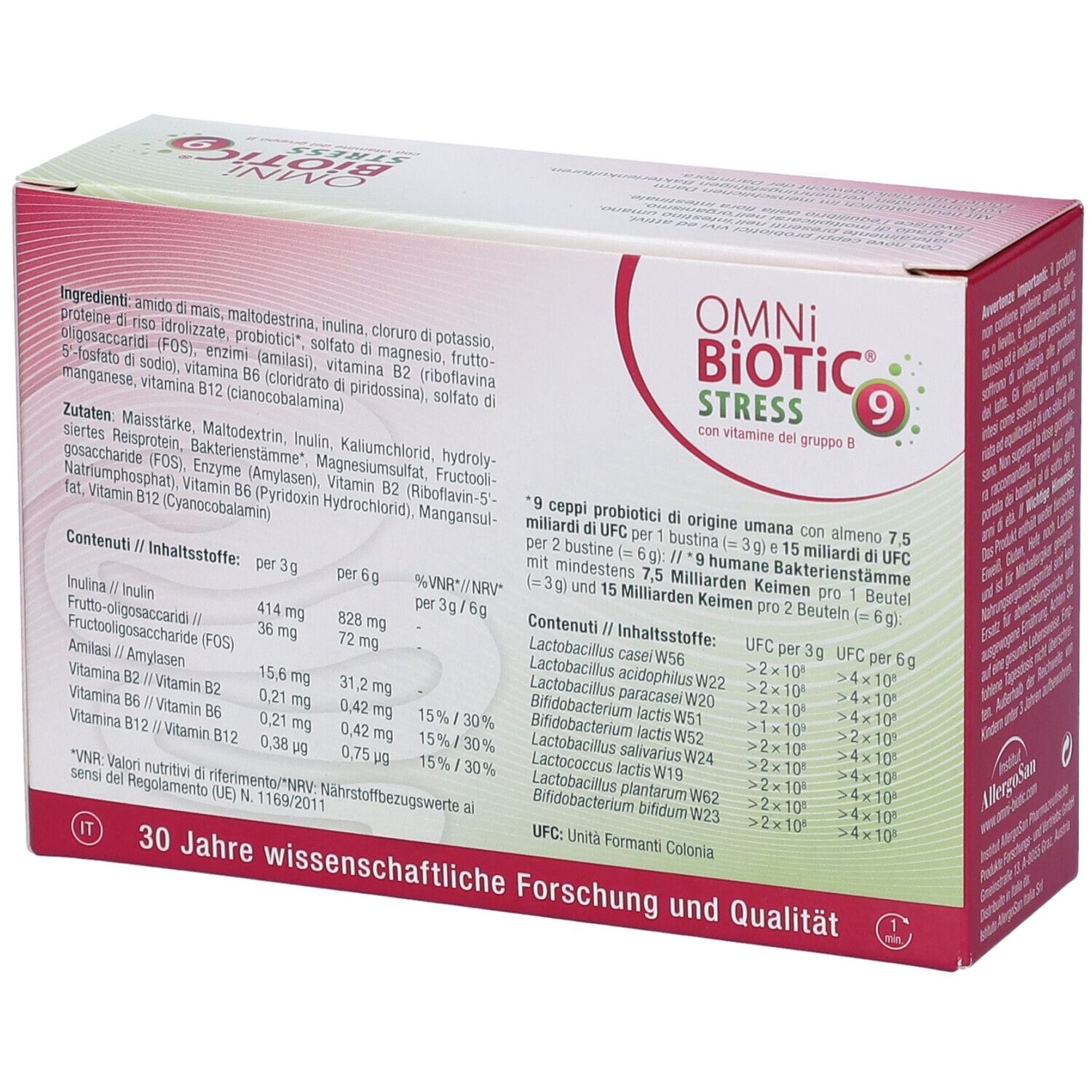 Scatola Omni Biotic Stress 9. Retro con ingredienti e valori nutrizionali. Stampa: 30 anni di ricerca.