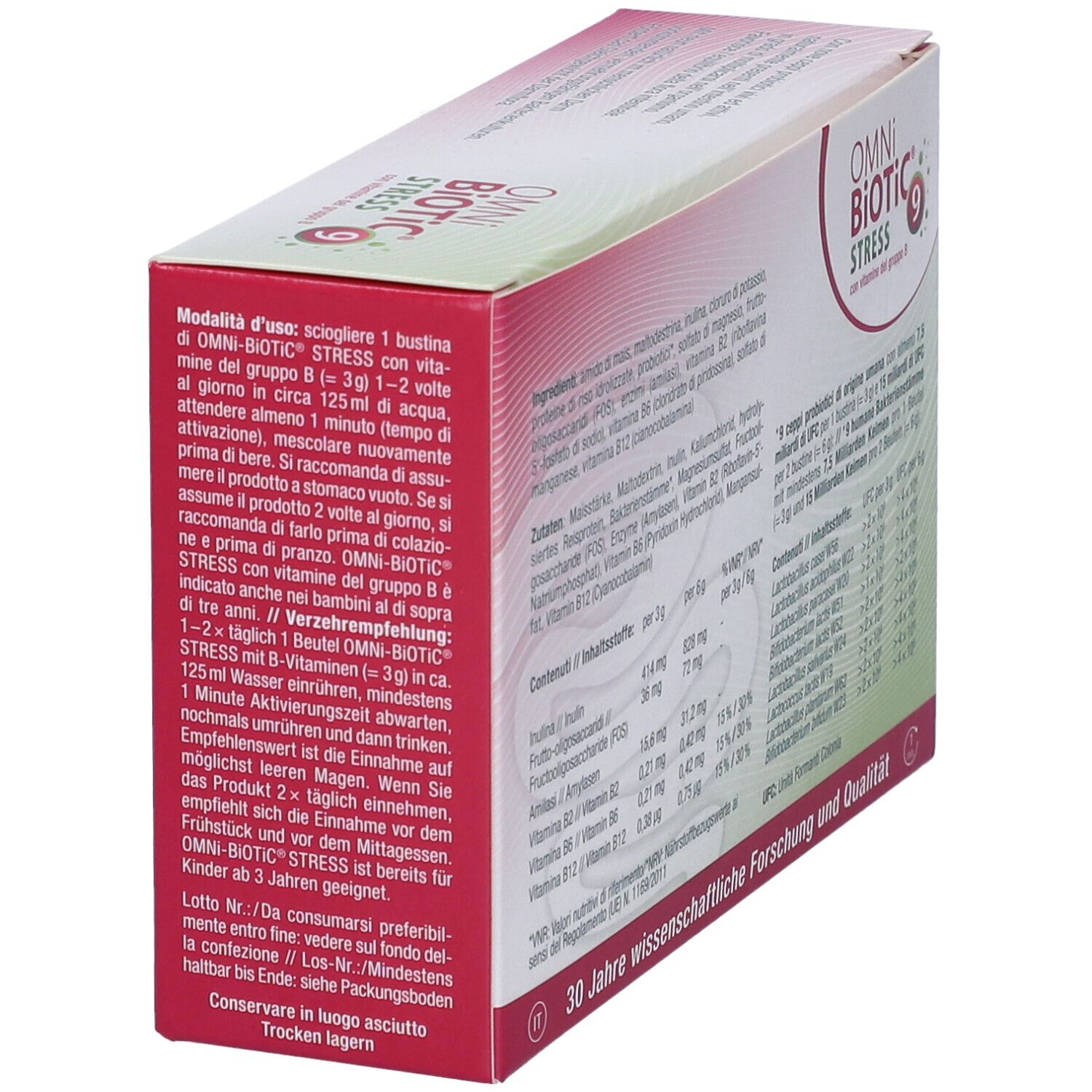 Scatola Omni Biotic Stress 9. Lato con istruzioni per l'uso. Stampa: 30 anni di ricerca e qualità.