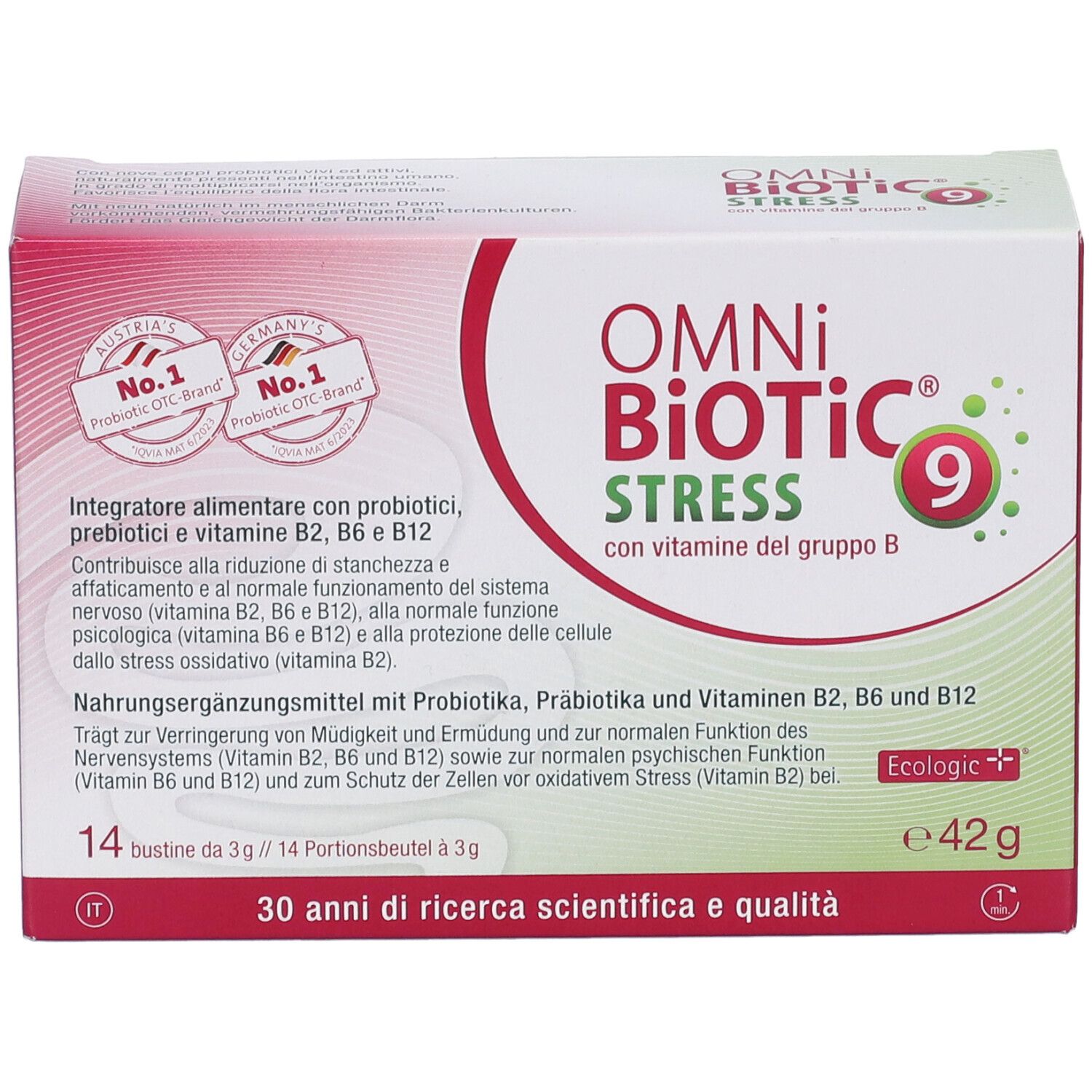 Scatola Omni Biotic Stress 9, 14 bustine. Contiene vitamina B. Stampa: Austria's No.1 Probiotic OTC Brand.