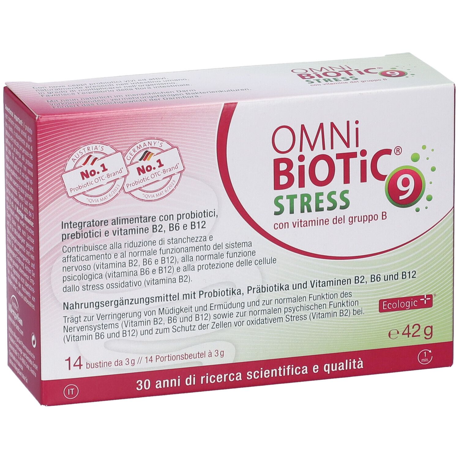 Scatola Omni Biotic Stress 9, 14 bustine. Contiene vitamina B. Stampa: Austria's No.1 Probiotic OTC Brand.