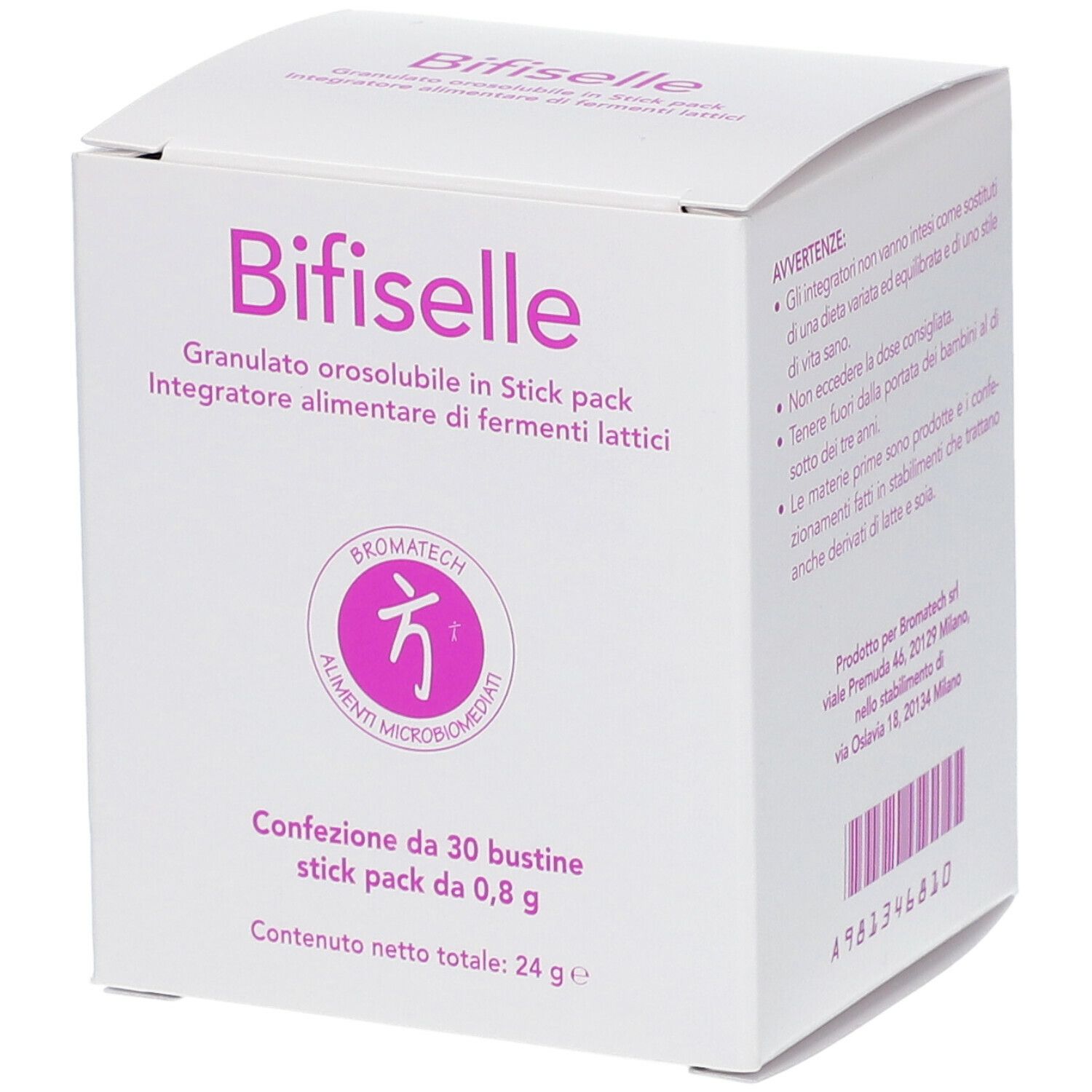 Scatola bianca "Bifiselle". Contiene 30 bustine da 0,8 g. Integratore alimentare di fermenti lattici. Marca: Bromatech.