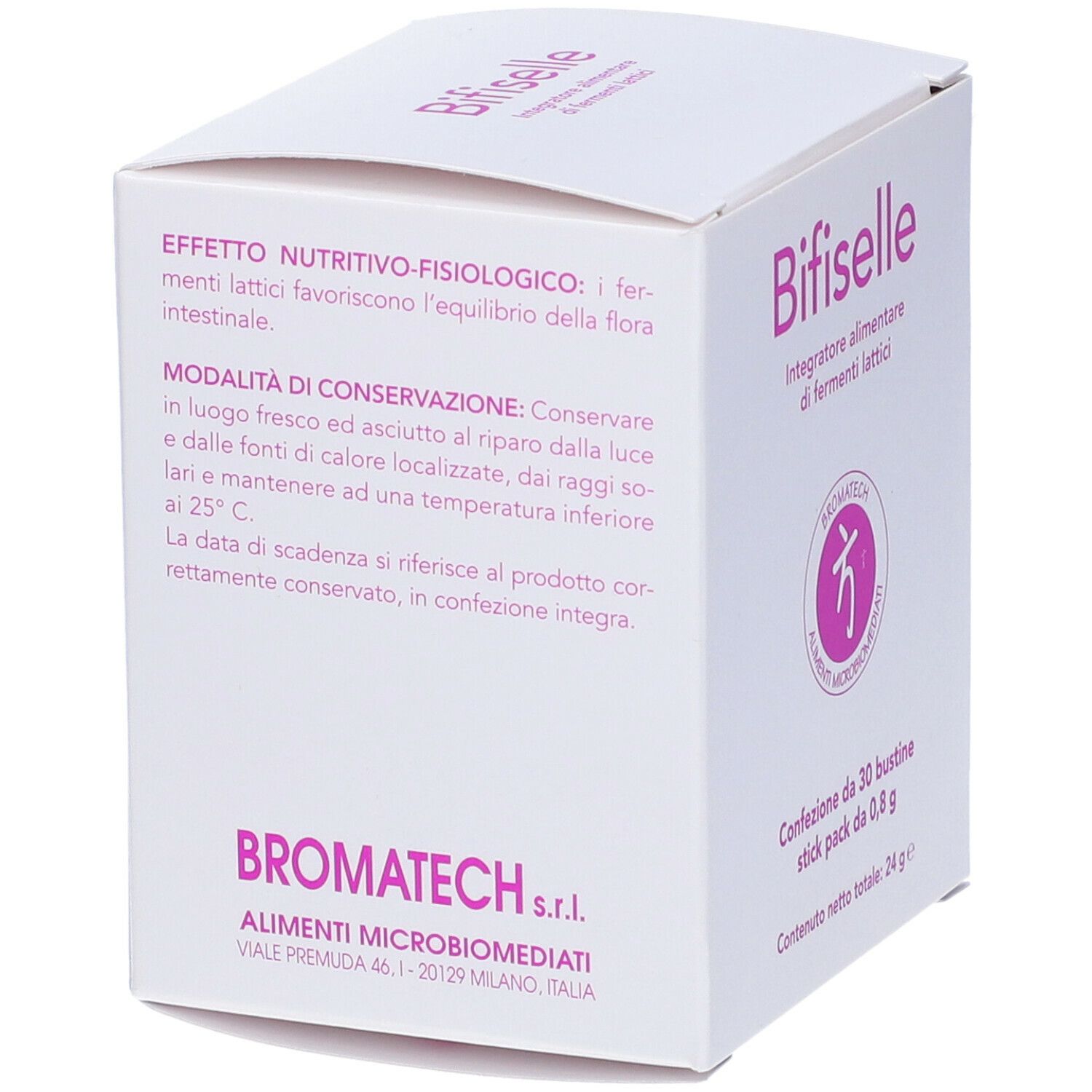Scatola bianca "Bifiselle". Effetto nutritivo-fisiologico e conservazione. Contiene 30 bustine. Marca: Bromatech.