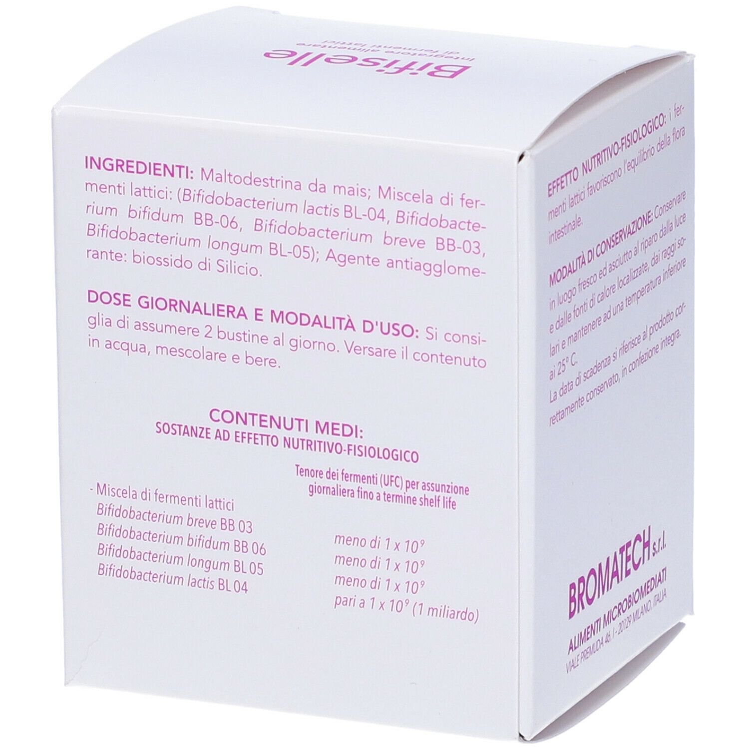 Retro della scatola "Bifiselle". Ingredienti, dosaggio e informazioni nutrizionali. Marca: Bromatech.