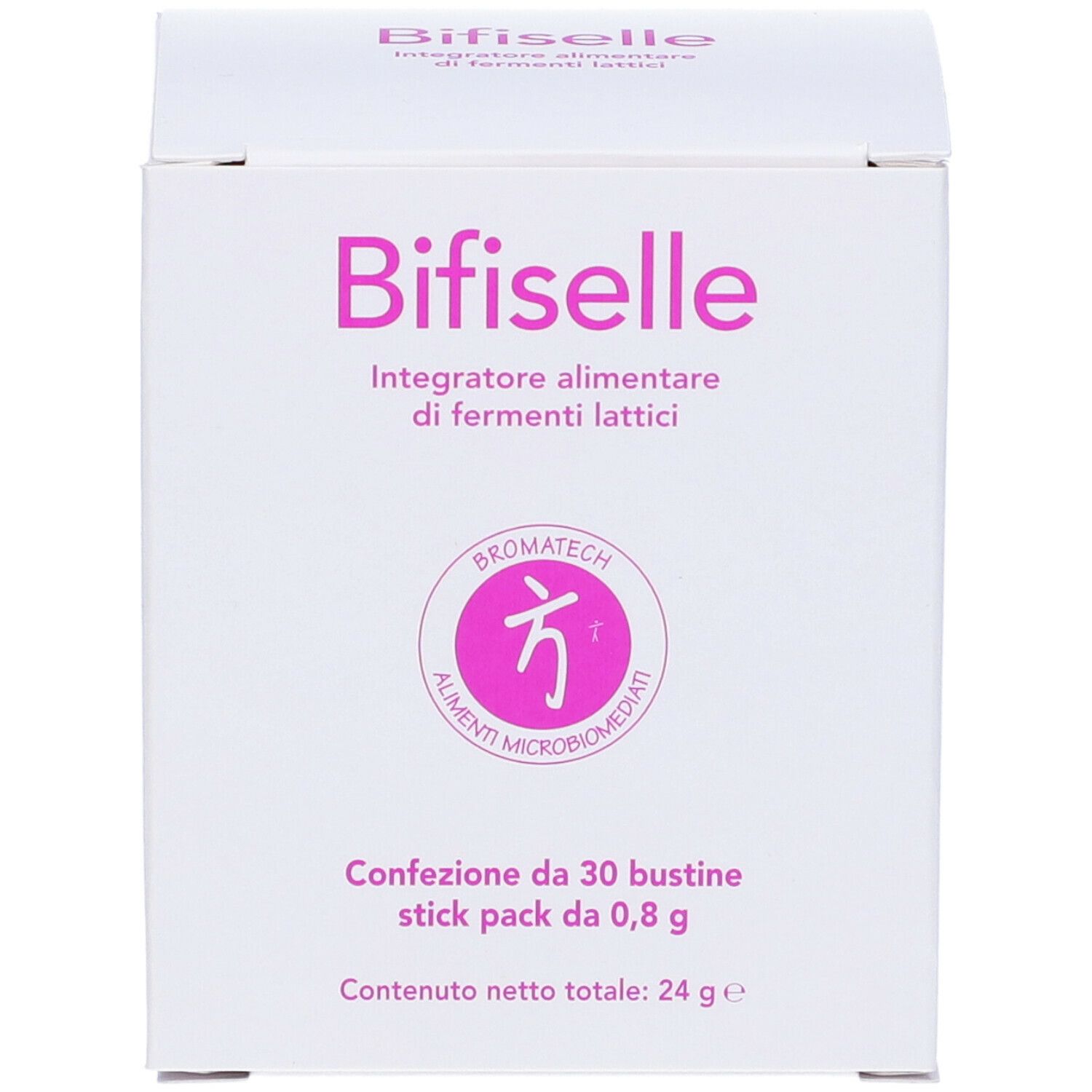 Scatola bianca "Bifiselle". Contiene 30 bustine da 0,8 g. Integratore alimentare. Marca: Bromatech.