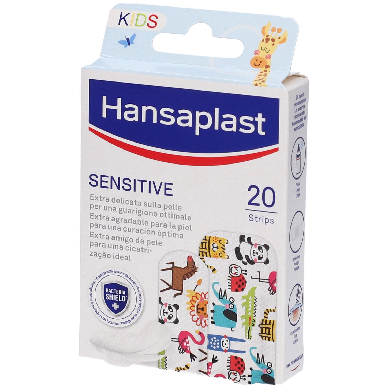 Hansaplast Sensitive Kids Pflasterbox mit 20 Streifen, bunte Tiermotive.