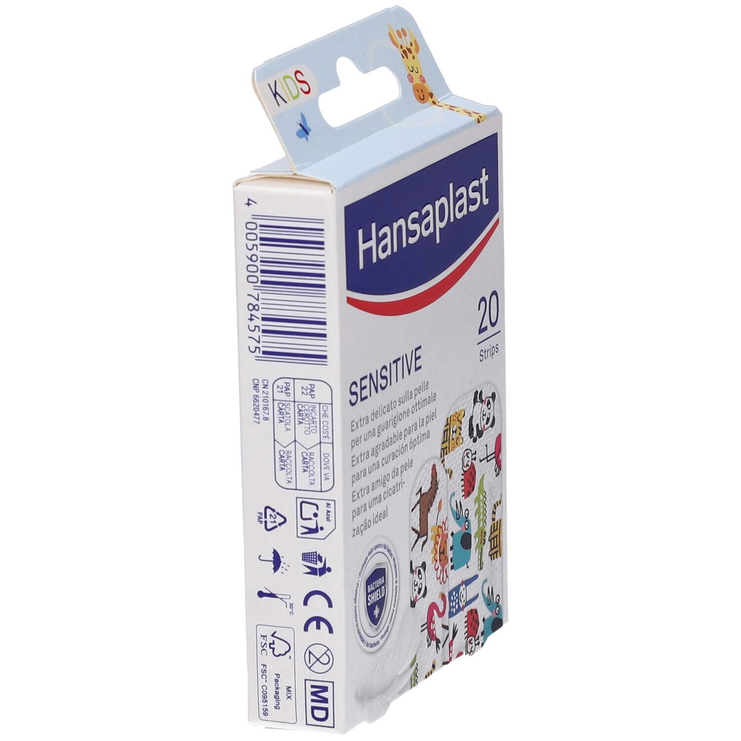 Hansaplast Sensitive Kids Pflasterbox, Rückseite mit Produktinformationen und CE-Zeichen.