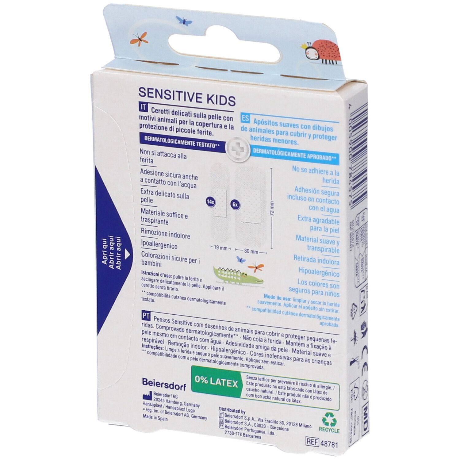 Hansaplast Sensitive Kids Pflasterbox, Seite mit Anwendungshinweisen und Produktmerkmalen.