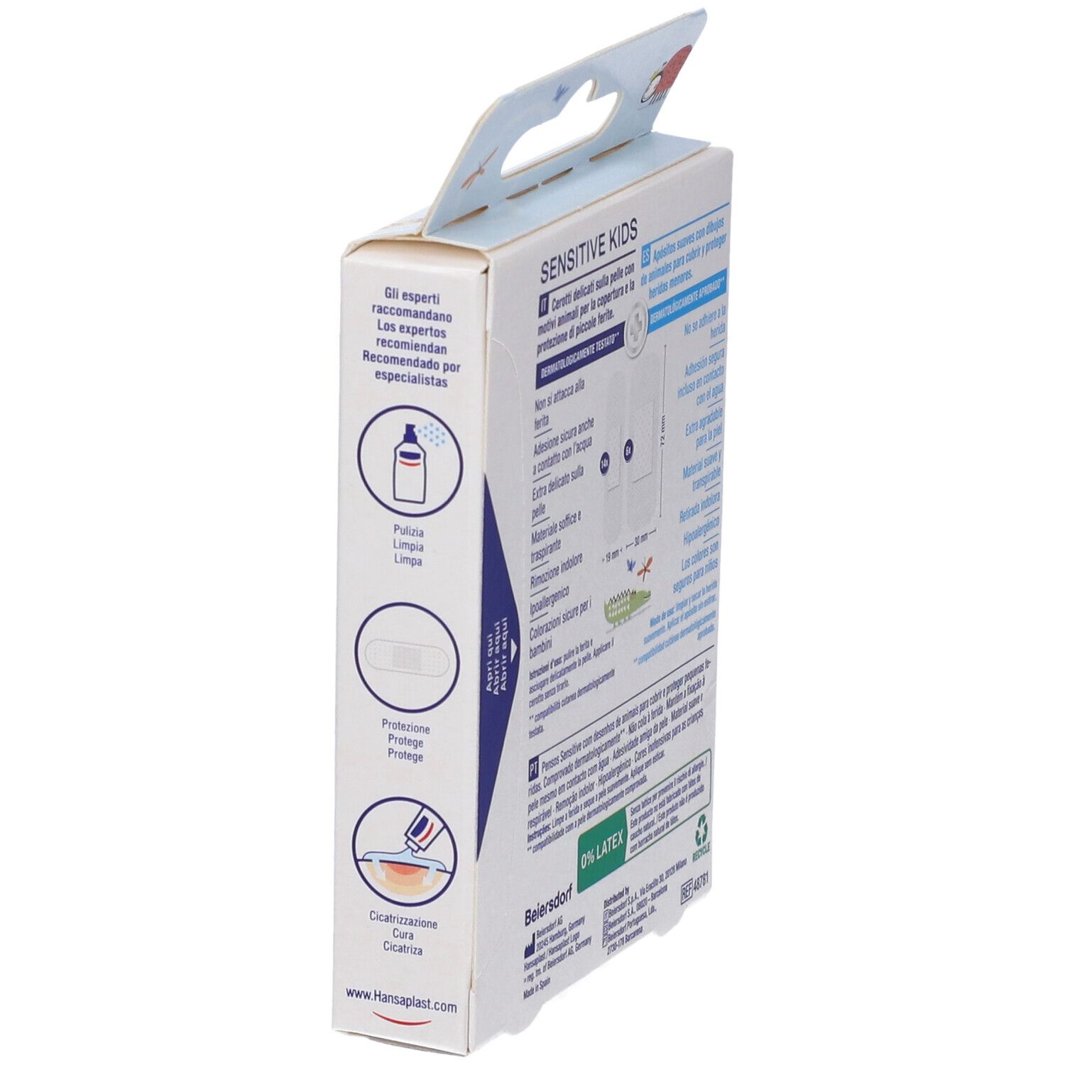 Hansaplast Sensitive Kids Pflasterbox, Seite mit Anwendungshinweisen und Produktmerkmalen.