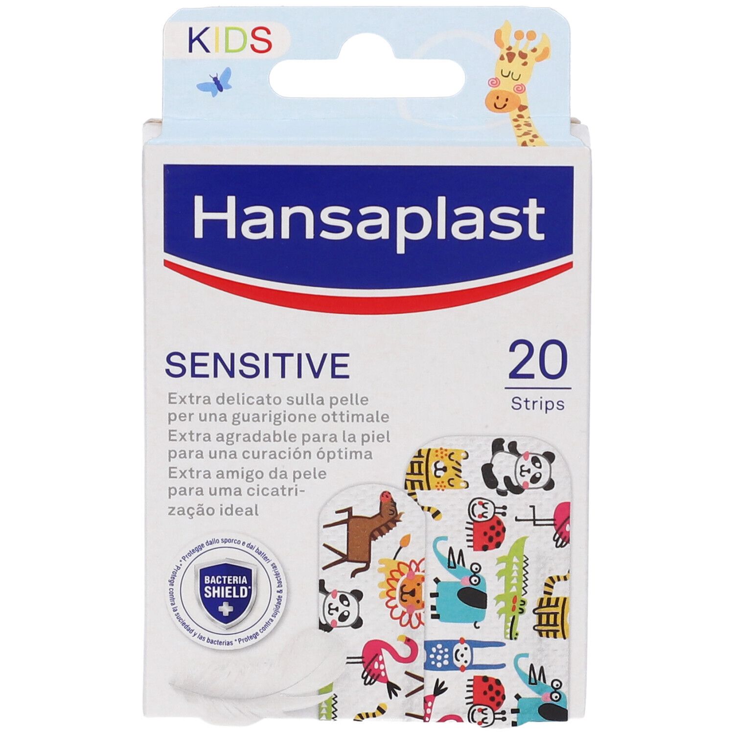 Hansaplast Sensitive Kids Pflasterbox mit 20 Streifen, bunte Tiermotive.