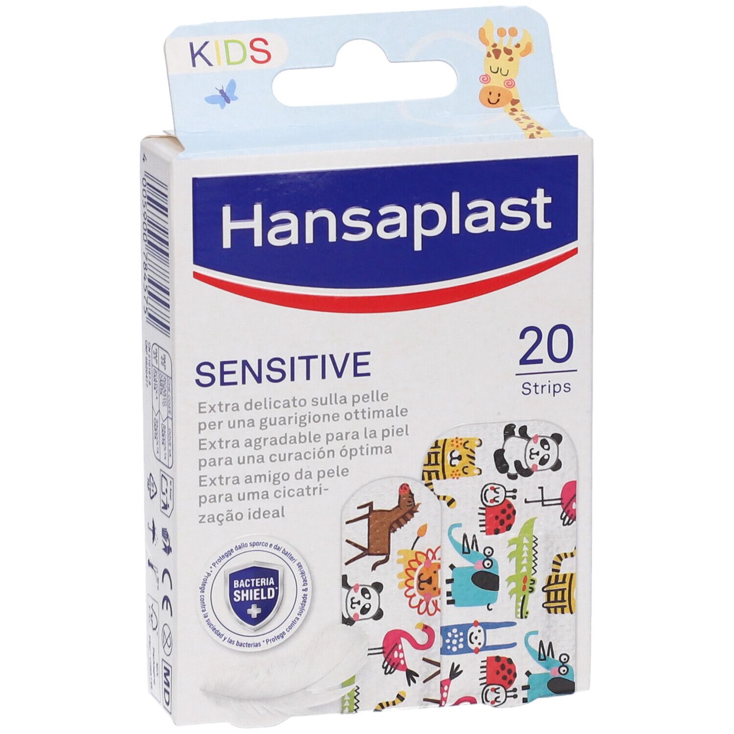Hansaplast Sensitive Kids Pflasterbox mit 20 Streifen, bunte Tiermotive.