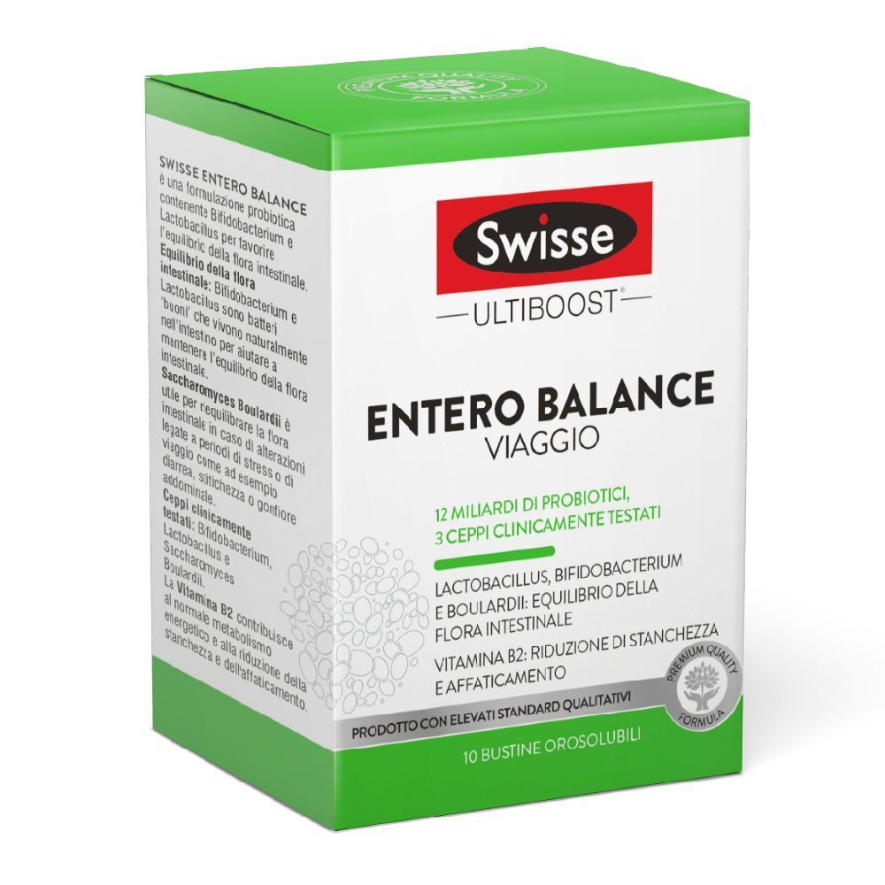 Scatola bianca e verde "Swisse Entero Balance Reise". Contiene 10 bustine. Testo in italiano.