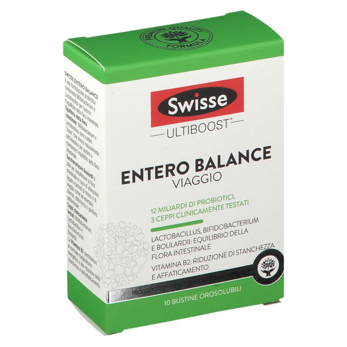 Scatola bianca e verde "Swisse Entero Balance Reise". Contiene 10 bustine. Testo in italiano.