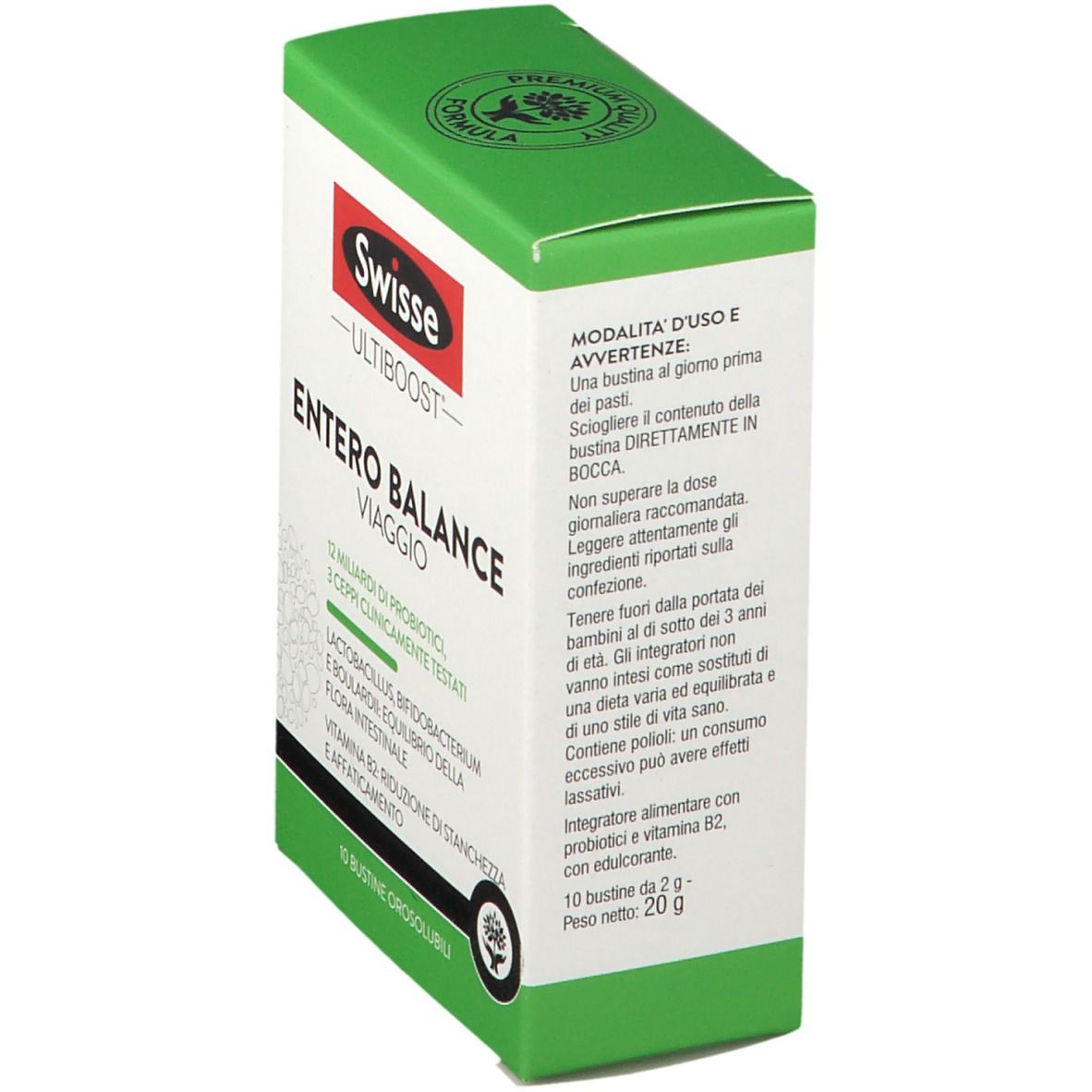 Scatola bianca e verde "Swisse Entero Balance Reise". Contiene 10 bustine. Testo in italiano.
