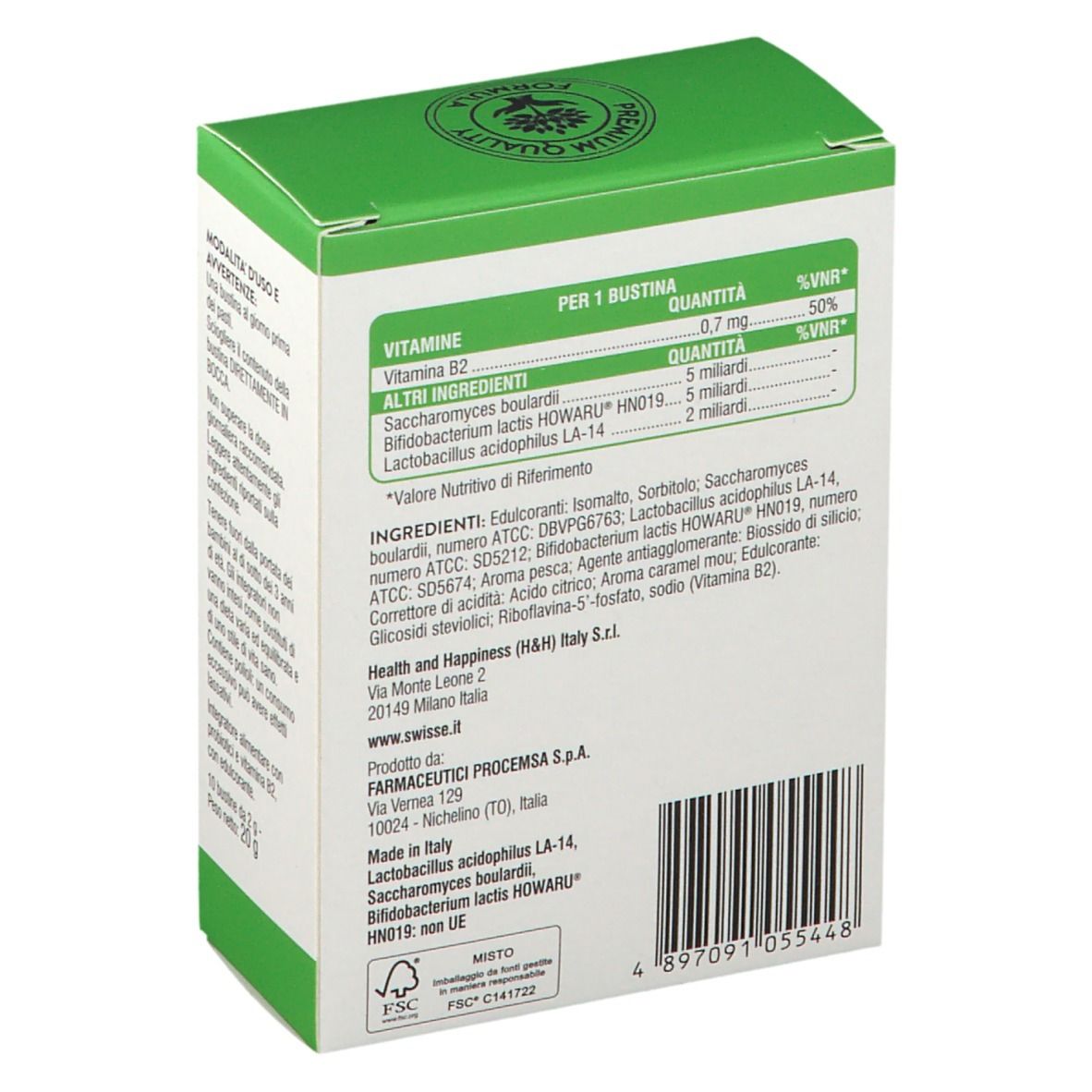 Scatola bianca e verde "Swisse Entero Balance Reise". Contiene 10 bustine. Testo in italiano.