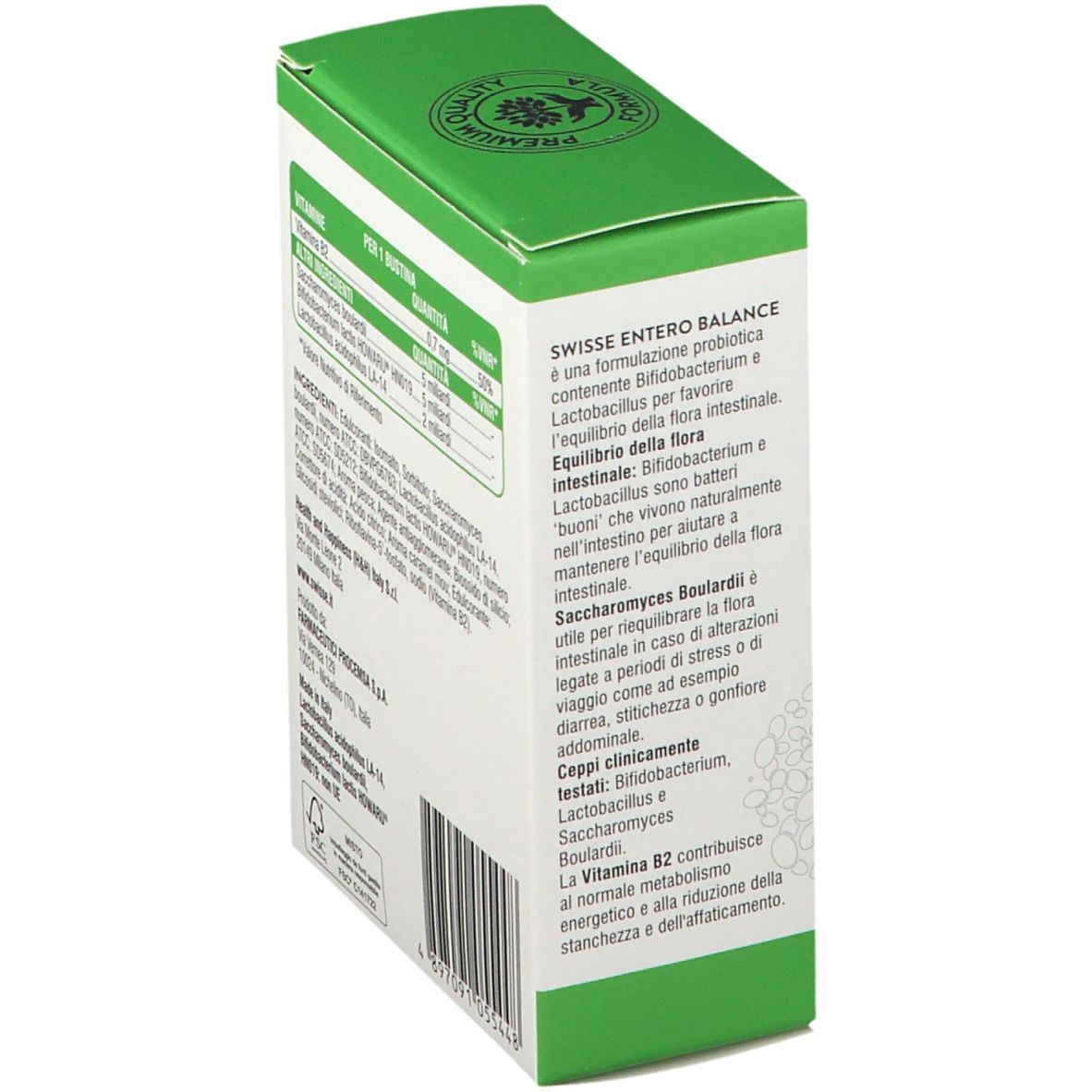 Scatola bianca e verde "Swisse Entero Balance Reise". Contiene 10 bustine. Testo in italiano.