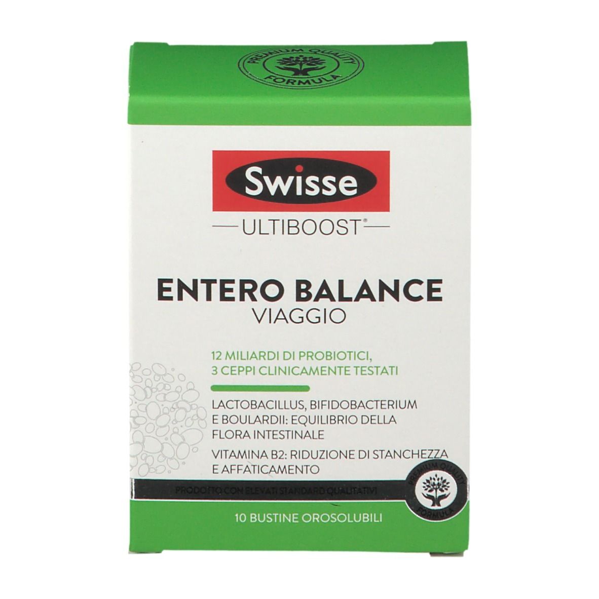 Scatola bianca e verde "Swisse Entero Balance Reise". Contiene 10 bustine. Testo in italiano.