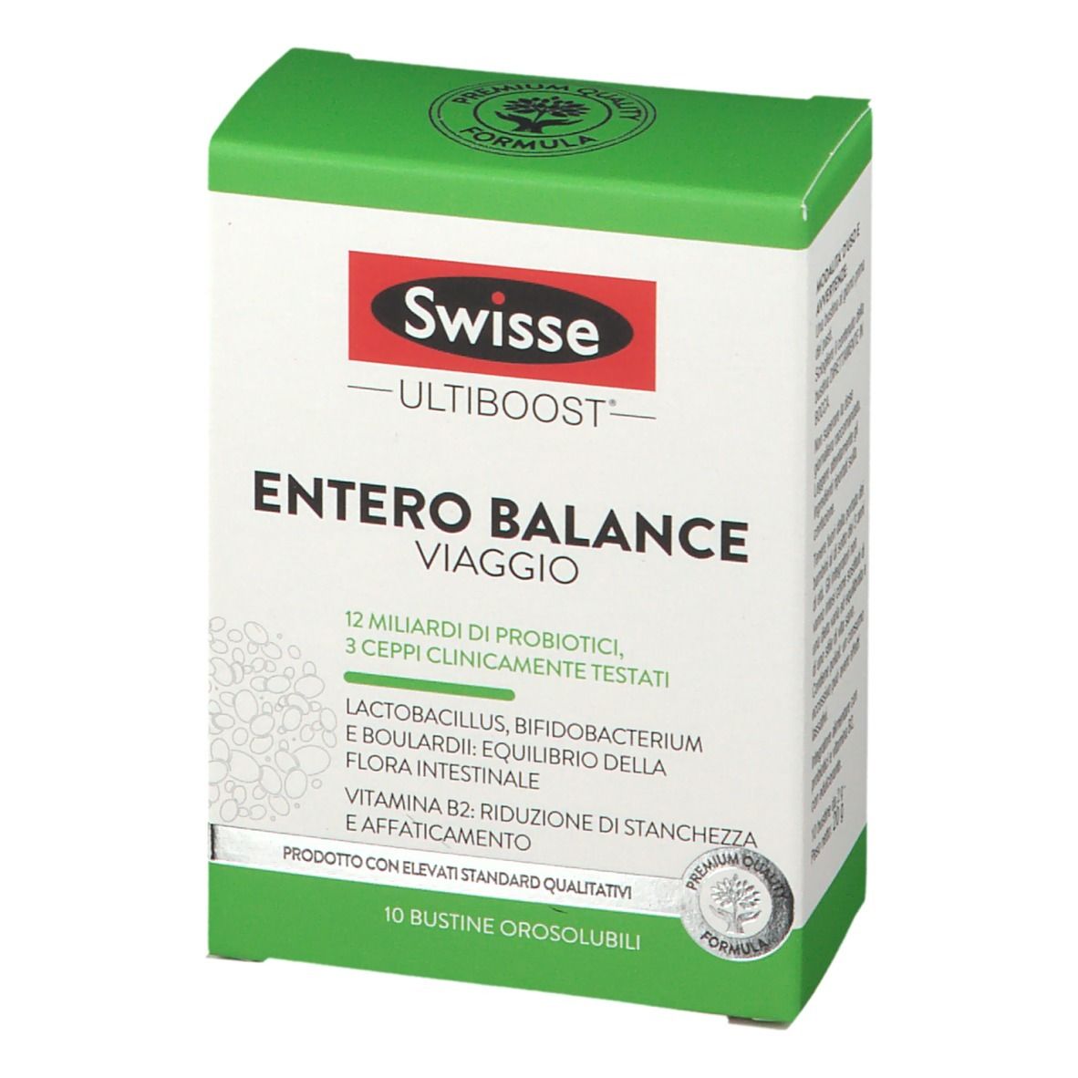 Scatola bianca e verde "Swisse Entero Balance Reise". Contiene 10 bustine. Testo in italiano.