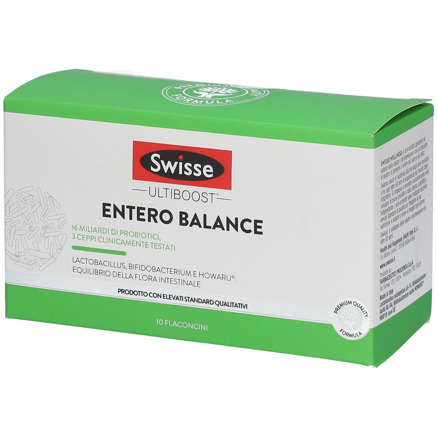 Scatola verde e bianca con logo "Swisse Entero Balance". Contiene 10 flaconcini. Scritta: 16 miliardi di probiotici, 3 ceppi clinicamente testati.