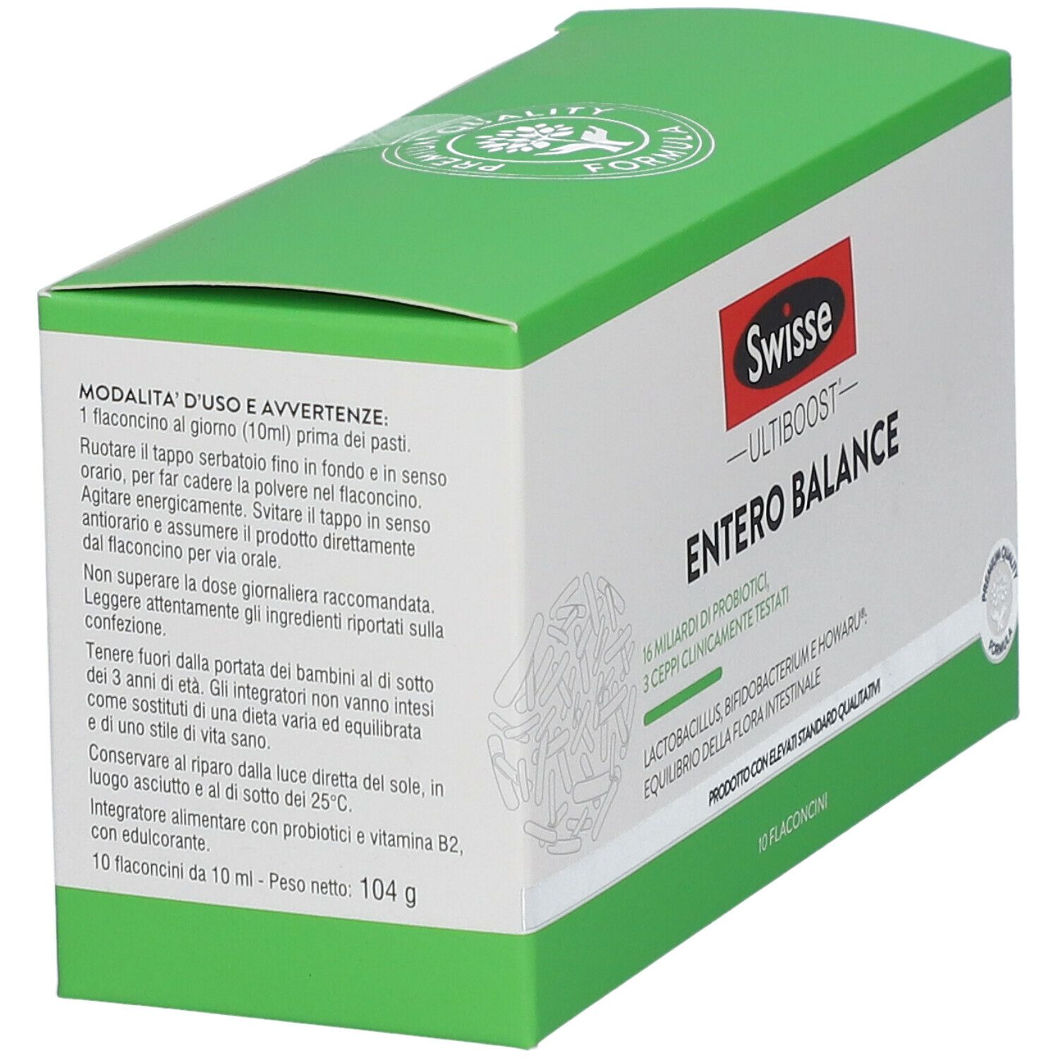 Scatola verde e bianca con logo "Swisse Entero Balance". Contiene 10 flaconcini. Scritta: 16 miliardi di probiotici, 3 ceppi clinicamente testati.