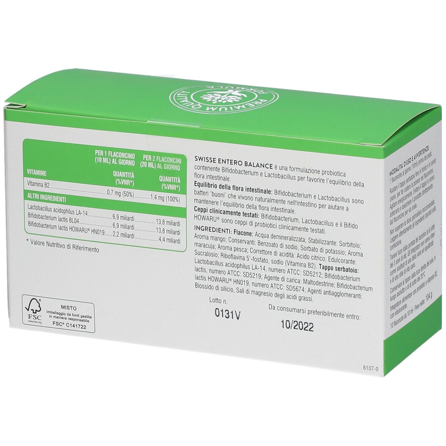Scatola verde e bianca con logo "Swisse Entero Balance". Contiene 10 flaconcini. Scritta: 16 miliardi di probiotici, 3 ceppi clinicamente testati.