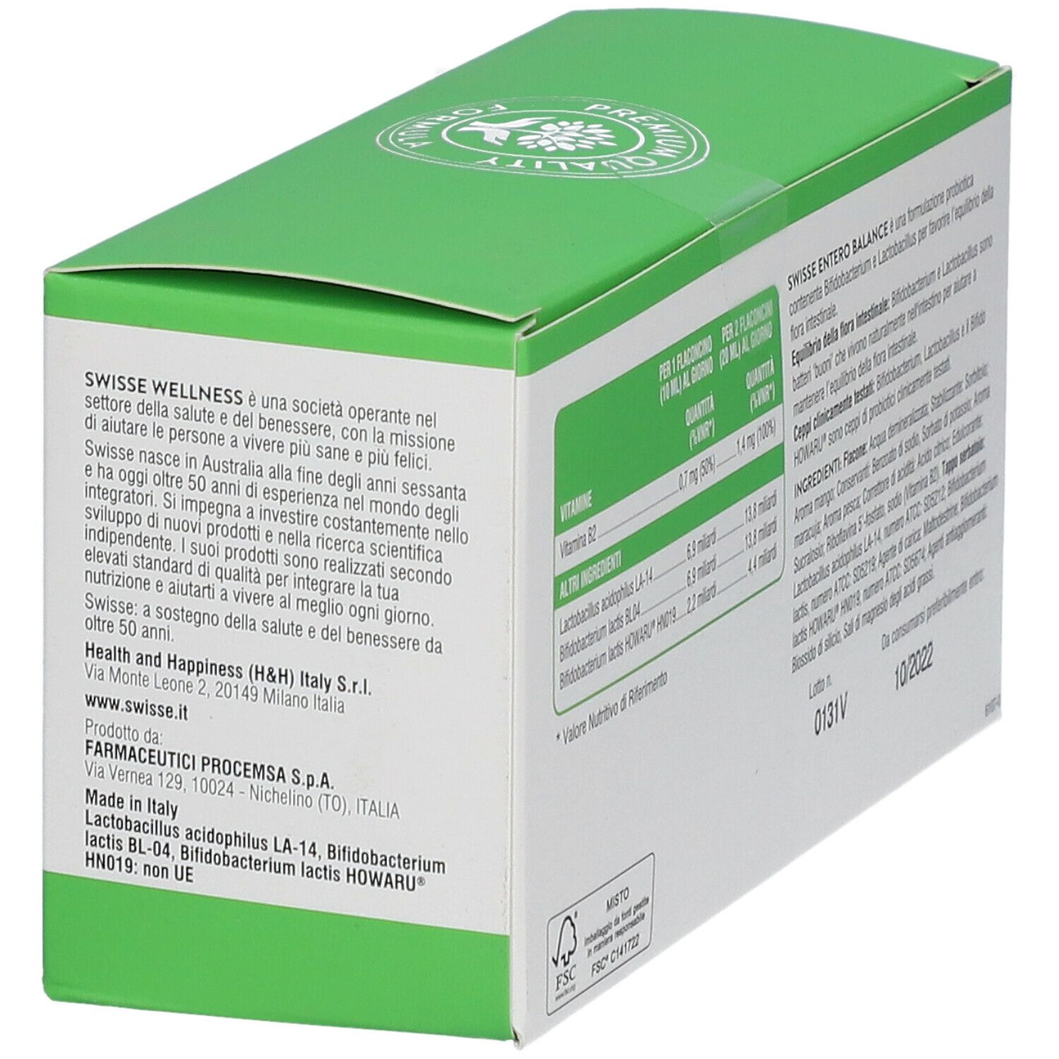 Scatola verde e bianca con logo "Swisse Entero Balance". Contiene 10 flaconcini. Scritta: 16 miliardi di probiotici, 3 ceppi clinicamente testati.