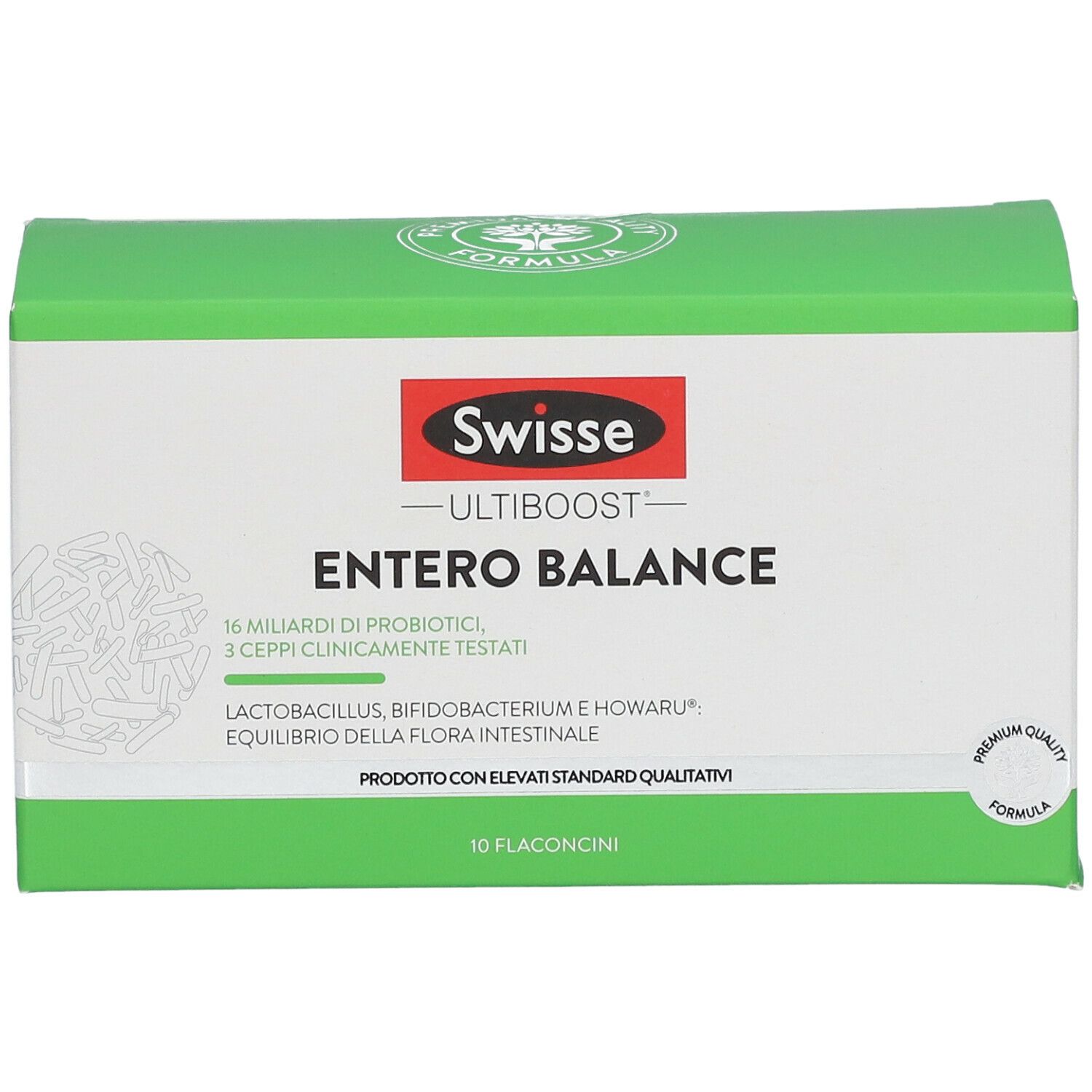 Scatola verde e bianca con logo "Swisse Entero Balance". Contiene 10 flaconcini. Scritta: 16 miliardi di probiotici, 3 ceppi clinicamente testati.