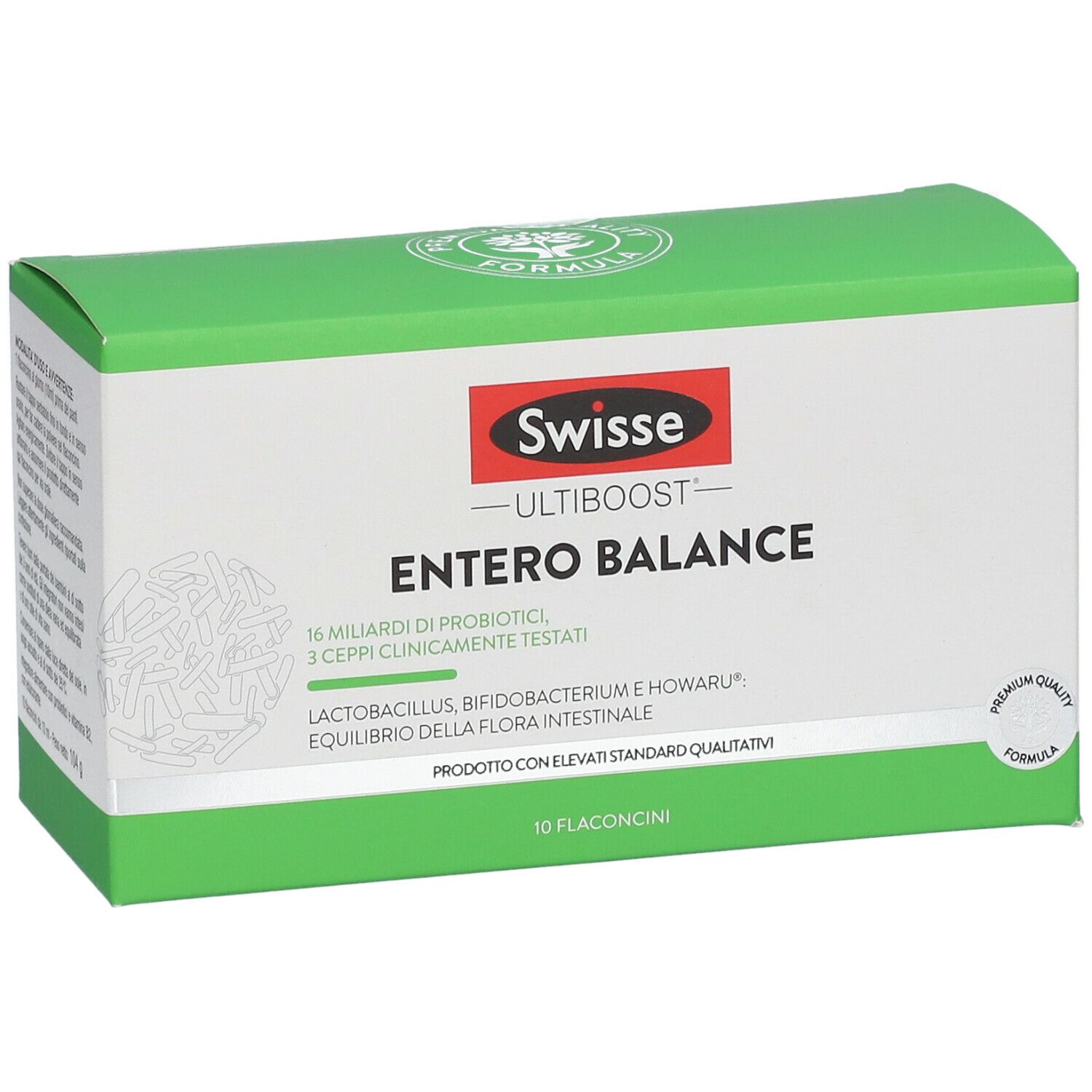 Scatola verde e bianca con logo "Swisse Entero Balance". Contiene 10 flaconcini. Scritta: 16 miliardi di probiotici, 3 ceppi clinicamente testati.