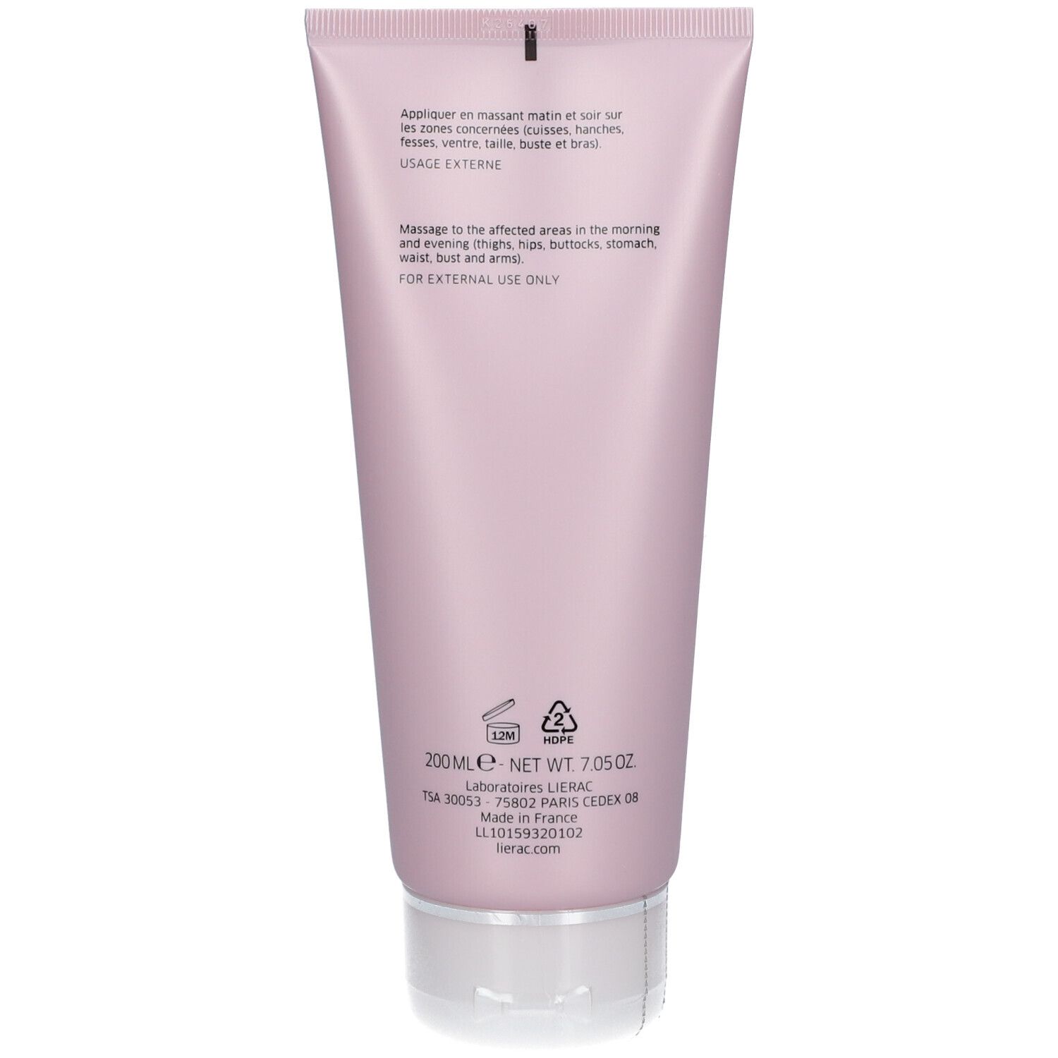 Retro del tubo rosa. Testo: applicazione, ingredienti, informazioni produttore, 200ml, simboli di riciclo.