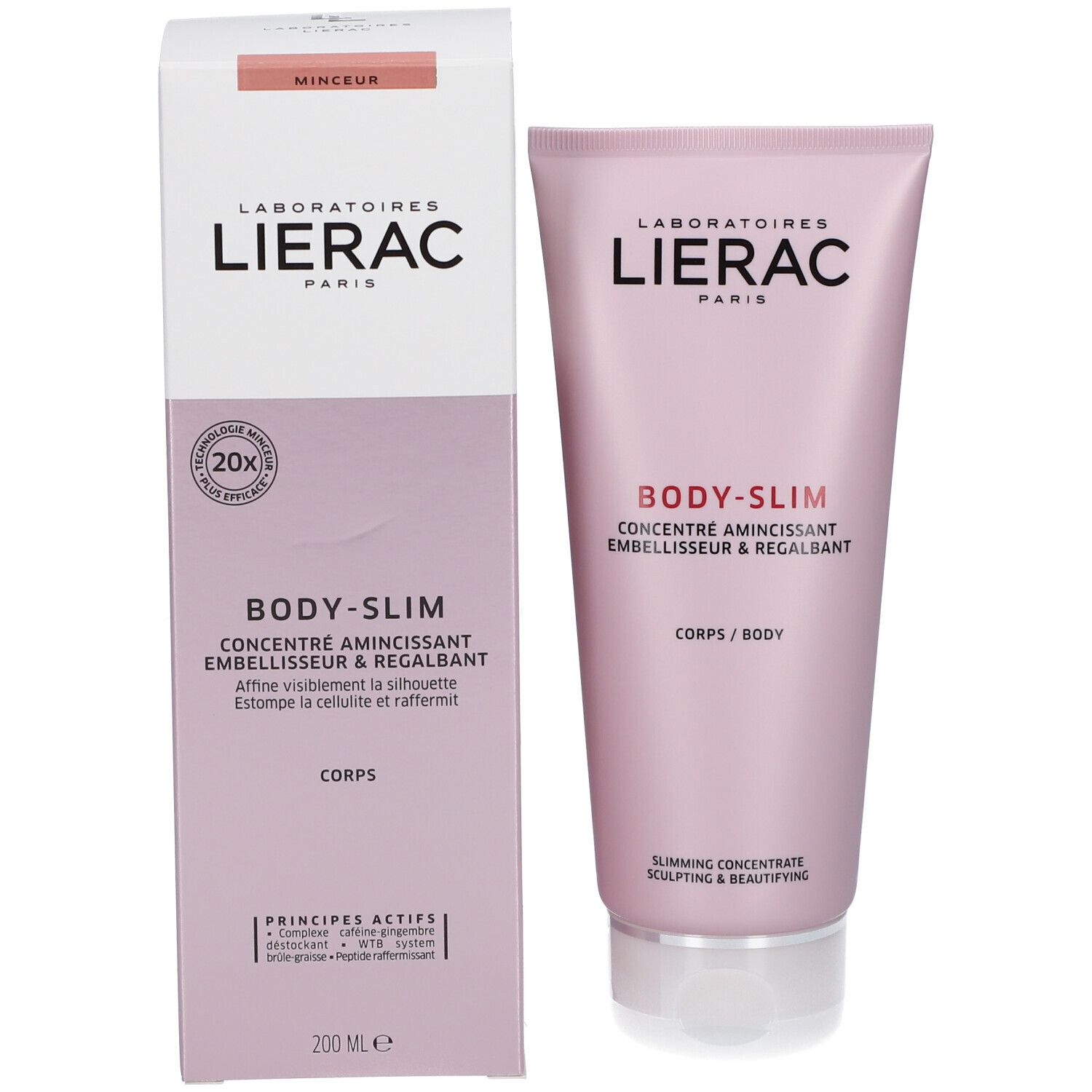 Confezione e tubo. Confezione: bianca con accenti rosa. Tubo: rosa con tappo bianco. Scritta: LIERAC, BODY-SLIM.
