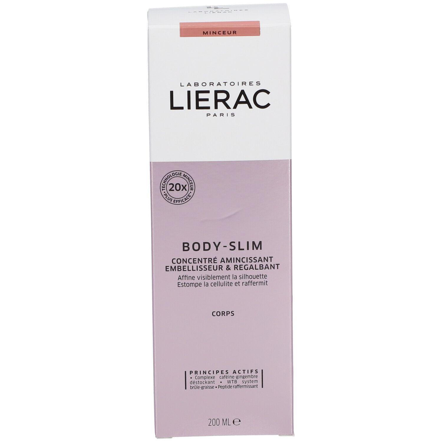 Confezione bianca con accenti rosa. Scritta: LIERAC, BODY-SLIM, concentrato. Tecnologia 20X. 200 ml.