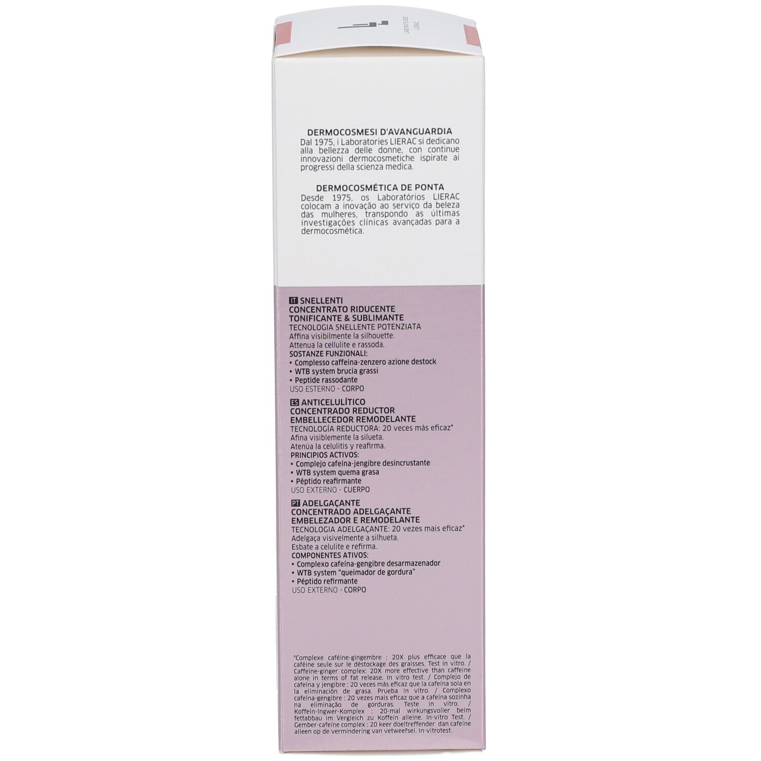 Retro della confezione. Testo: ingredienti, informazioni produttore, dermocosmesi, concentrato, tecnologia 20X.