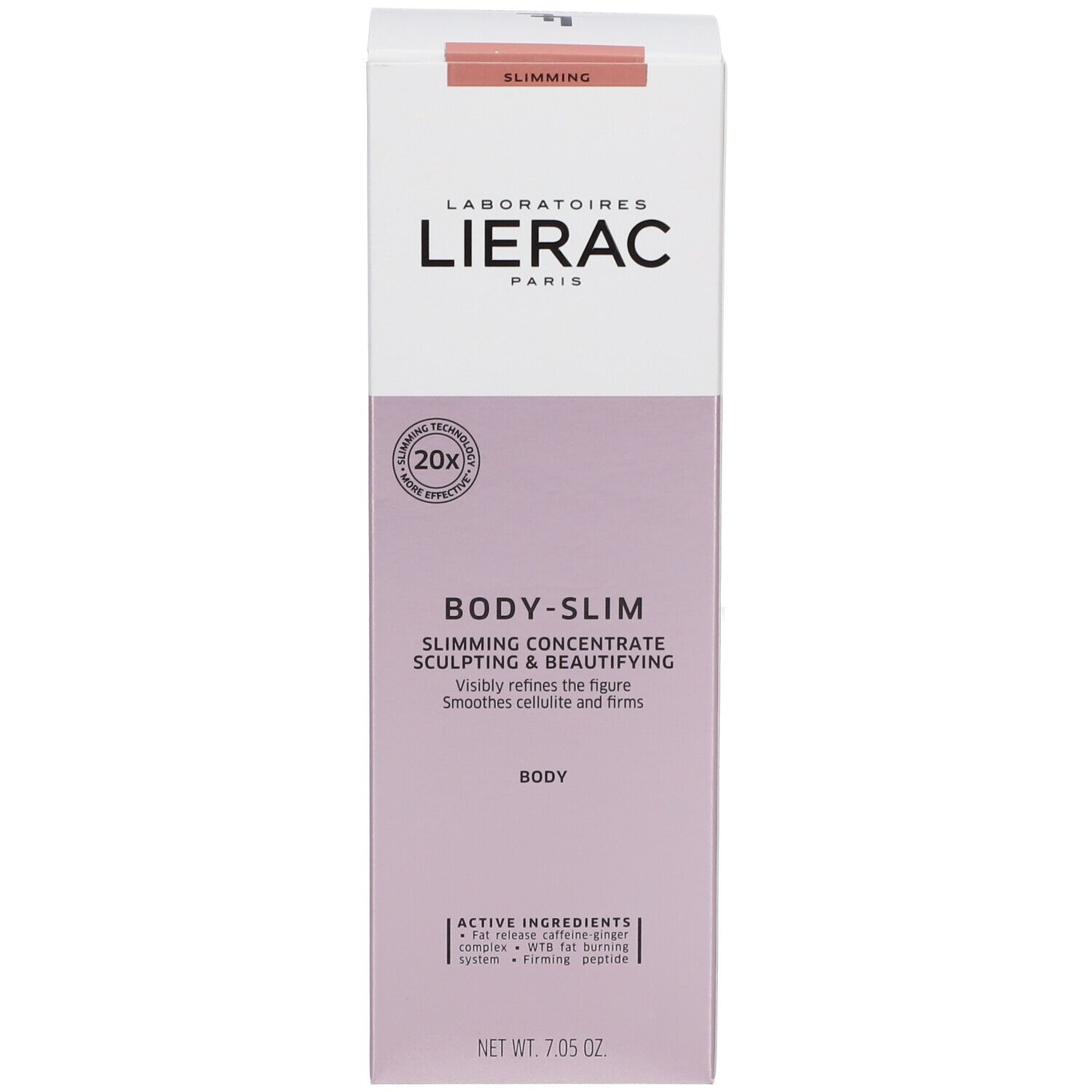 Confezione bianca con accenti rosa. Scritta: LIERAC, BODY-SLIM, rassodante. Tecnologia 20X. 7.05 oz.
