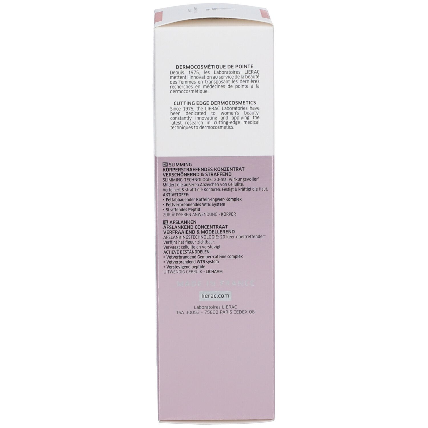 Retro della confezione. Testo: dermocosmesi, ingredienti, informazioni produttore, rassodante, tecnologia 20X.