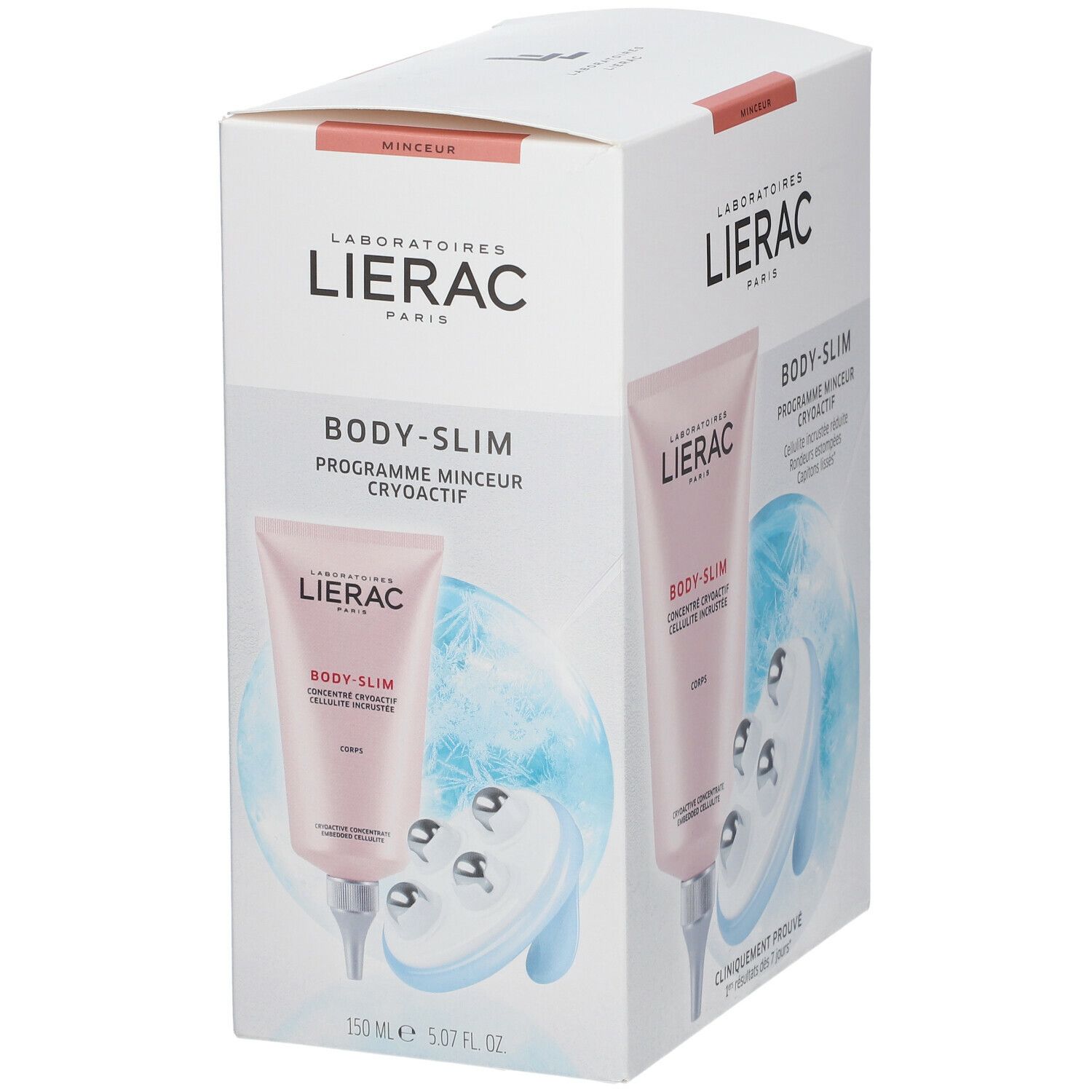 Confezione con prodotto e applicatore. Tubo rosa con testo. Applicatore con sfere metalliche. Testo: BODY-SLIM, CRYODACTIF.