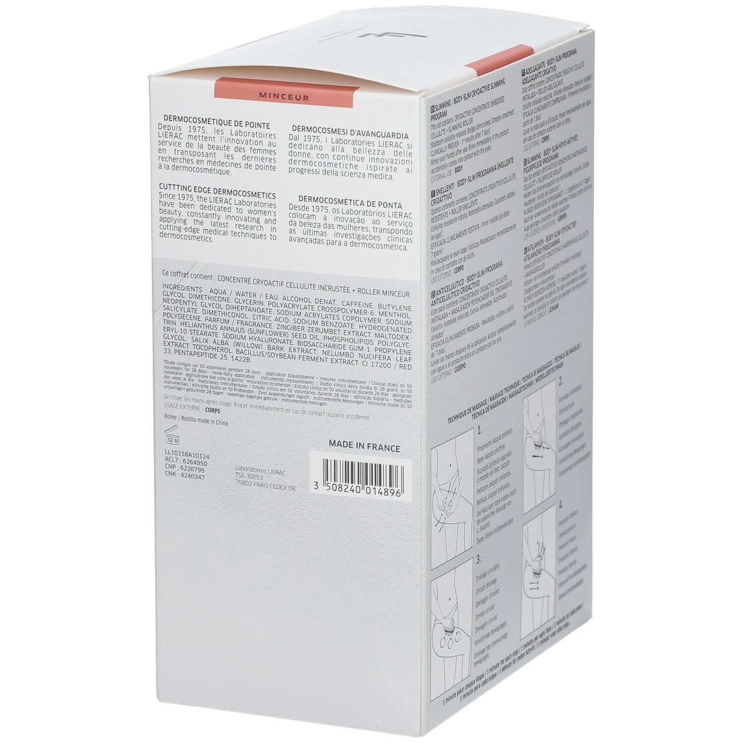 Retro della confezione. Testo multilingue. Ingredienti e informazioni del produttore. Marchio: LIERAC.