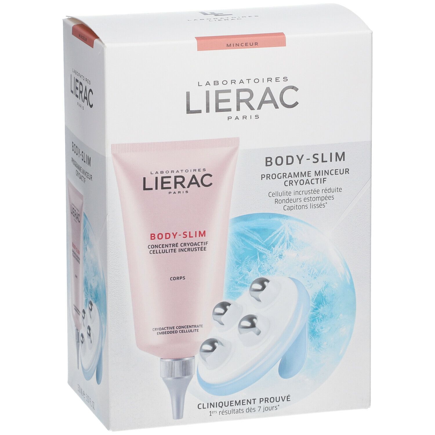 Confezione con prodotto e applicatore. Tubo rosa con testo. Applicatore con sfere metalliche. Testo: BODY-SLIM, CRYODACTIF.