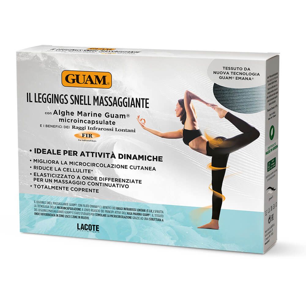 Confezione di leggings GUAM. Scritta: IL LEGGINGS SNELL MASSAGGIANTE. Immagine di donna che fa yoga.