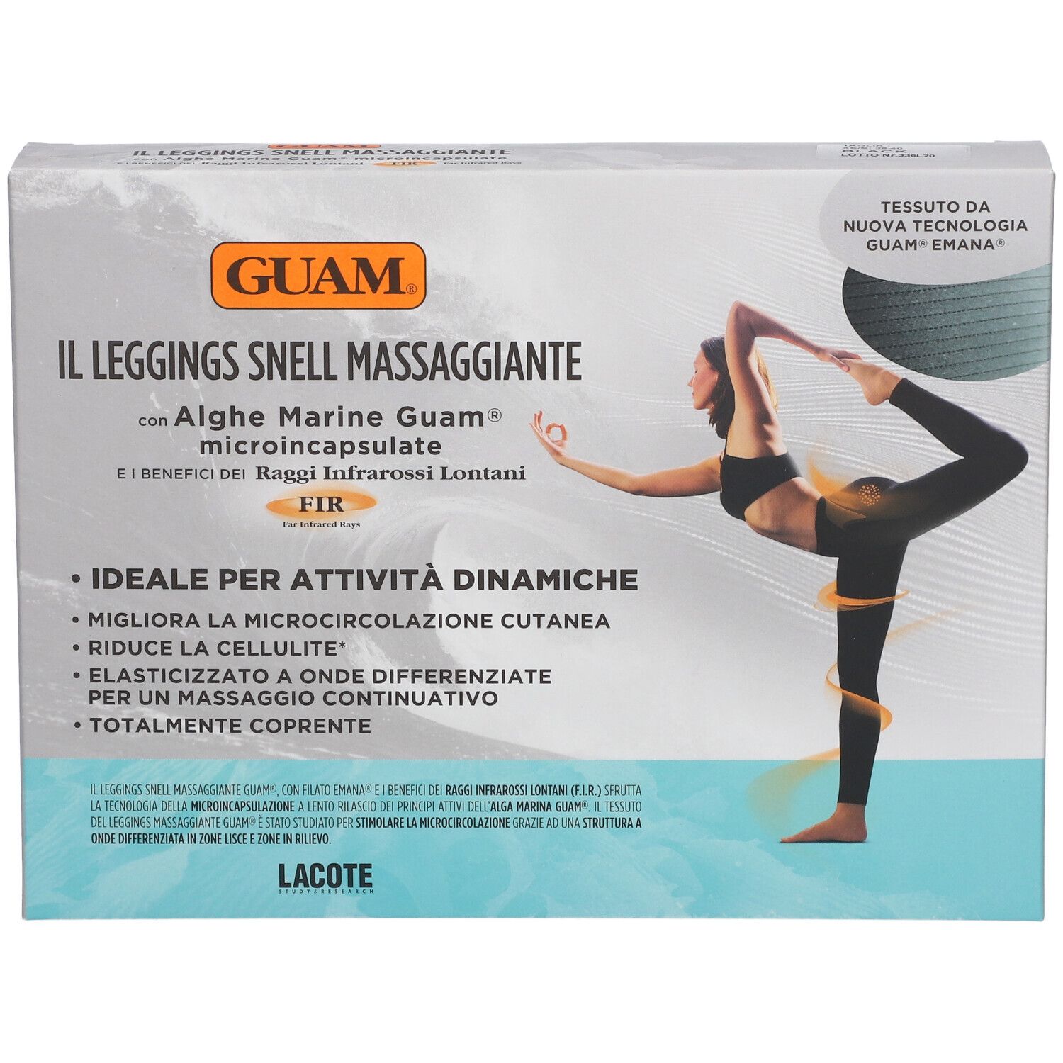 Retro della confezione di leggings. Scritta: GUAM, IL LEGGINGS SNELL MASSAGGIANTE. Testo e logo.