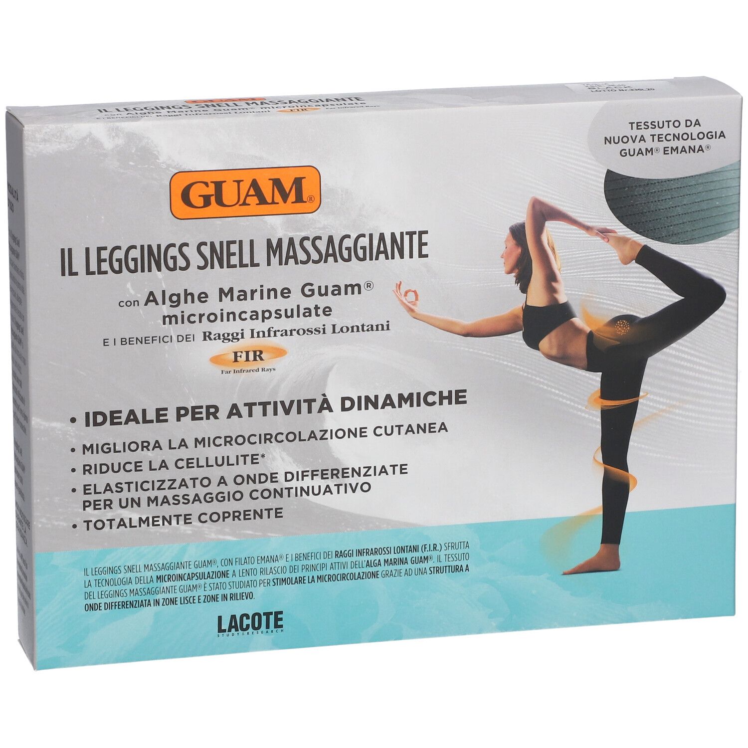 Confezione di leggings GUAM. Scritta: IL LEGGINGS SNELL MASSAGGIANTE. Donna che fa yoga, linee arancioni.