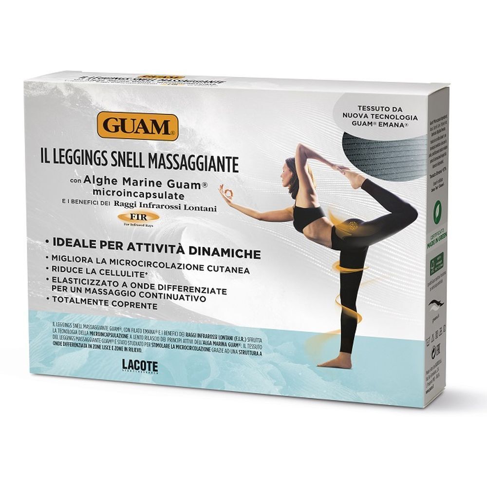 Confezione di leggings. Testo: Guam, Il Leggings Snell Massaggiante. Illustrazione di donna in posa yoga.