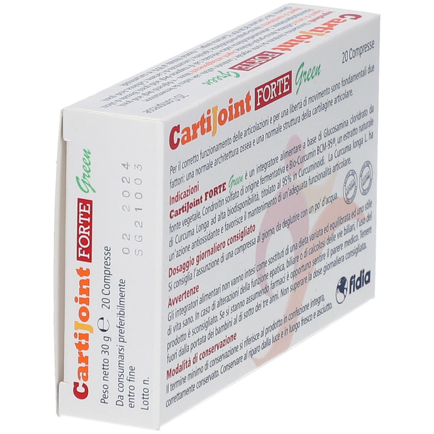 Scatola "Cartijoint FORTE Green" con 20 compresse. Peso, scadenza, logo.