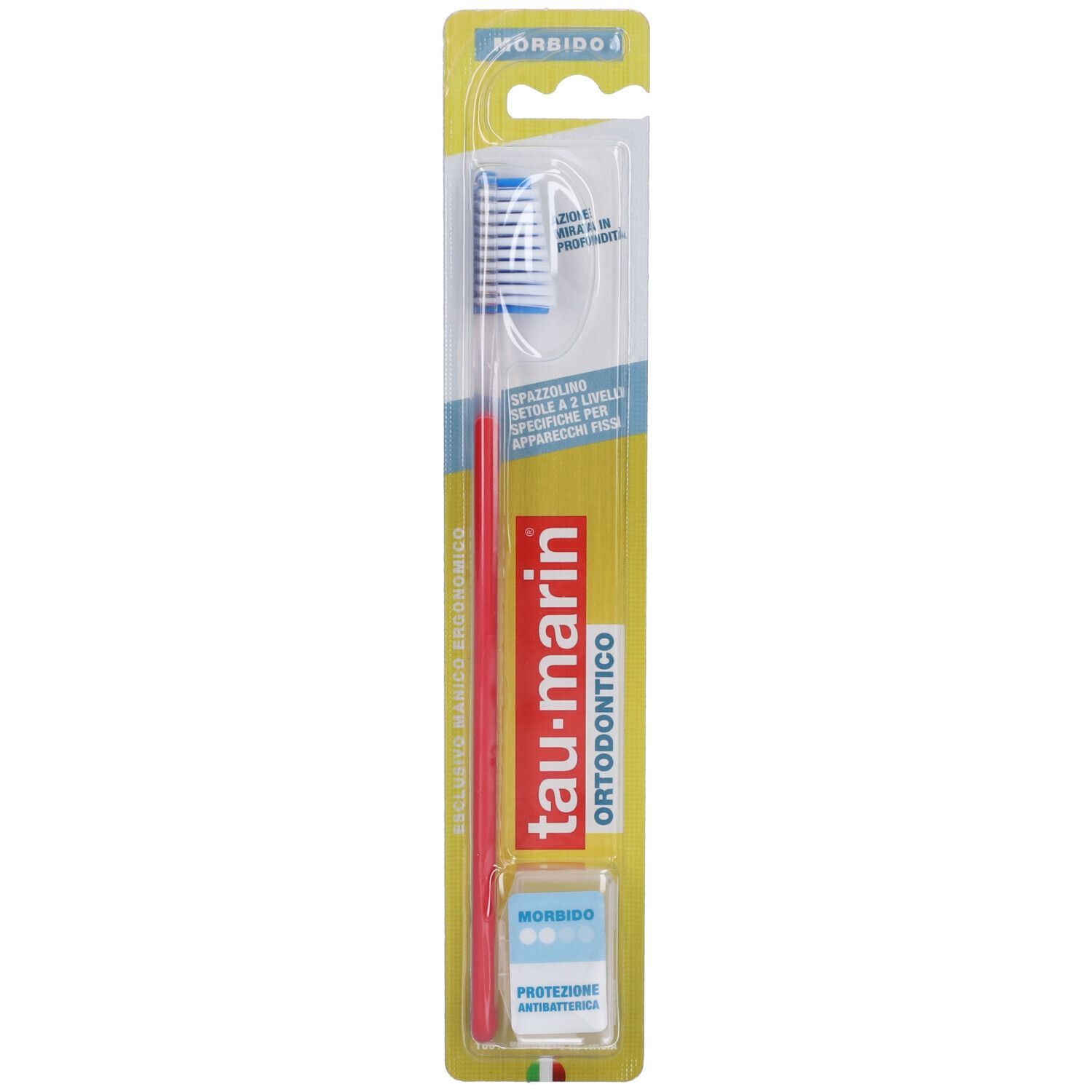 Zahnbürste mit rotem Griff und blauem Bürstenkopf in Verpackung. Marke: tau-marin, orthodontico. "MORBIDO" auf der Verpackung.